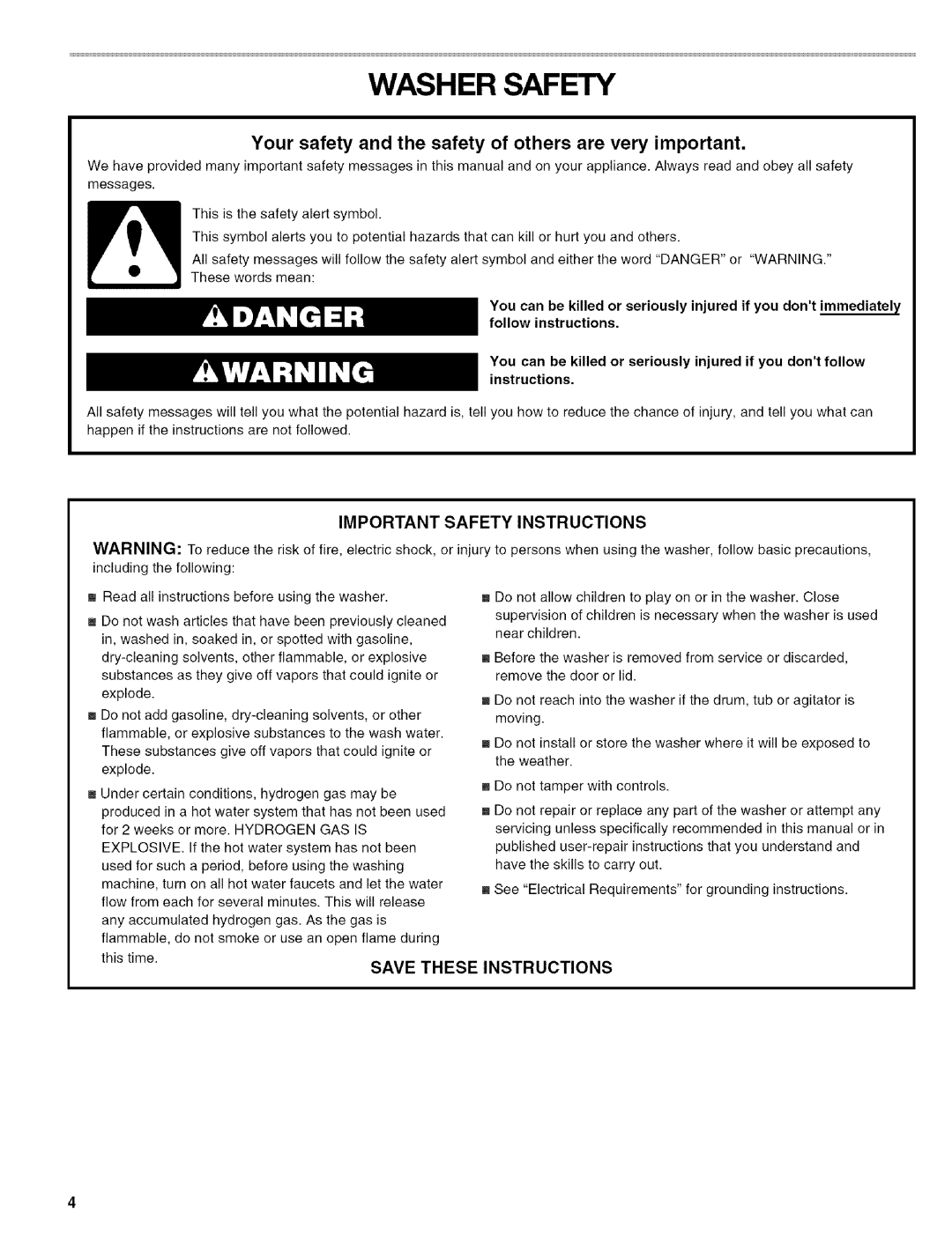 Kenmore 110.4587, 110.4586 manual Washer Safety, Explosive 