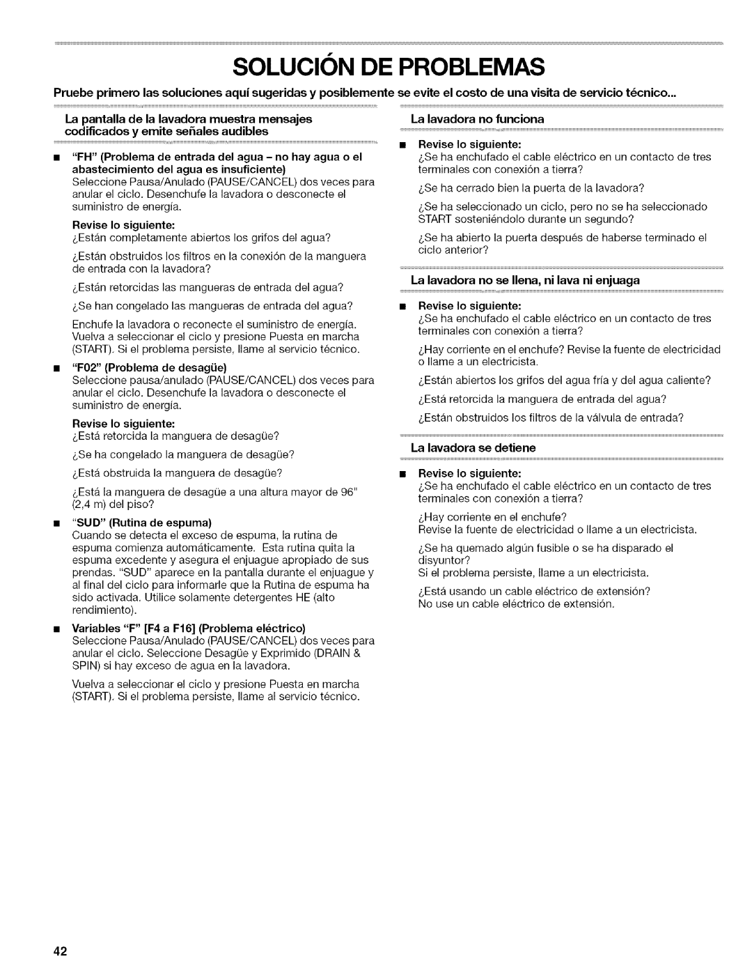 Kenmore 110.4587, 110.4586 manual Revise Io siguiente, F02 Problema de desagLie, Variables F F4 a F16 Problema elctrico 