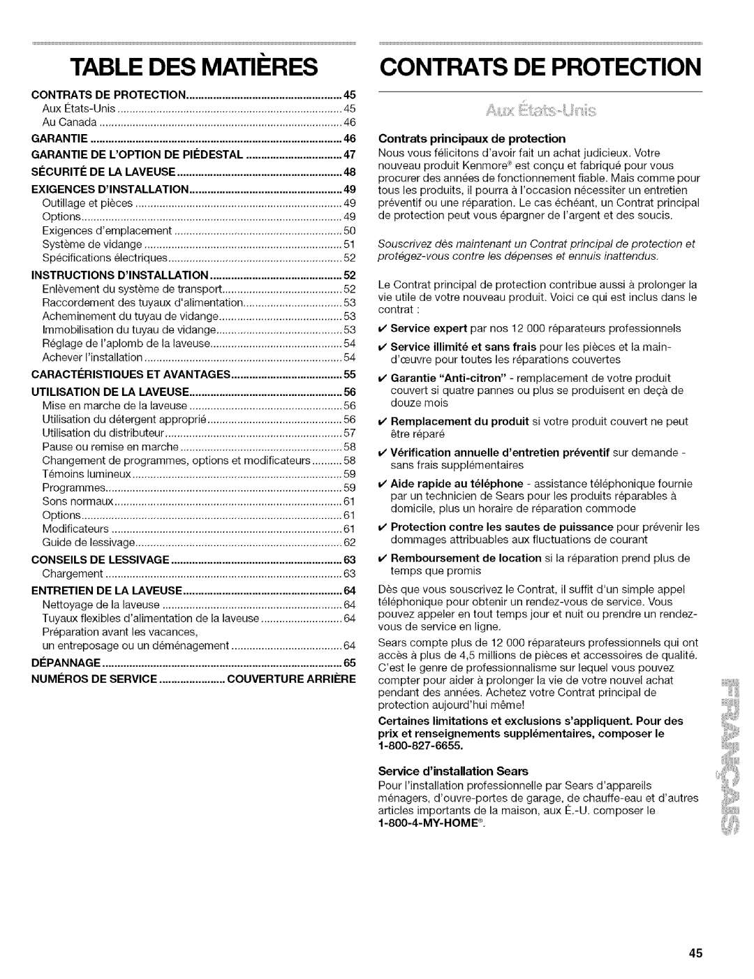 Kenmore 110.4586, 110.4587 manual Table DES Matii RES, Contrats DE Protection, Contrats principaux de protection, My-Home 