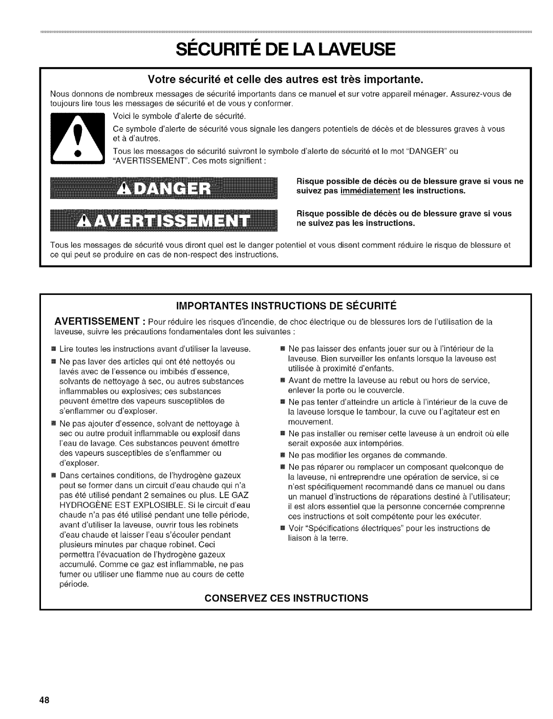 Kenmore 110.4587, 110.4586 manual SI Curiti DE LA Laveuse, Votre sdcuritd et celle des autres est trs importante 