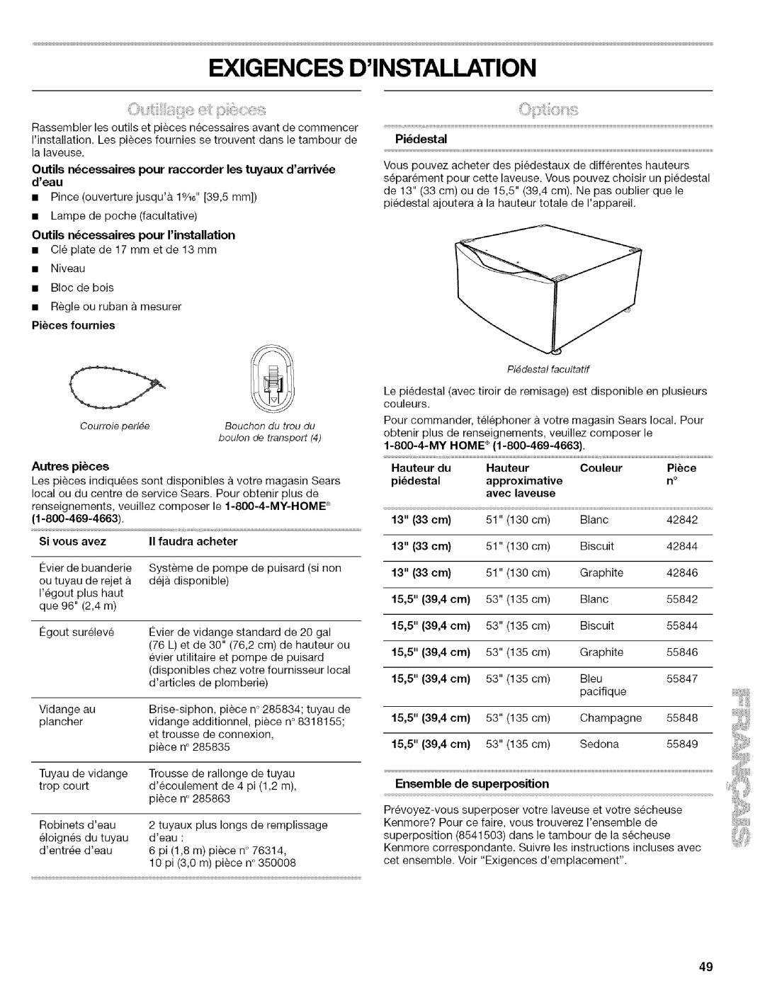 Kenmore 110.4586 Outils ncessaires pour raccorder les tuyaux darrive deau, Outils ncessaires pour rinstallation, Pidestal 