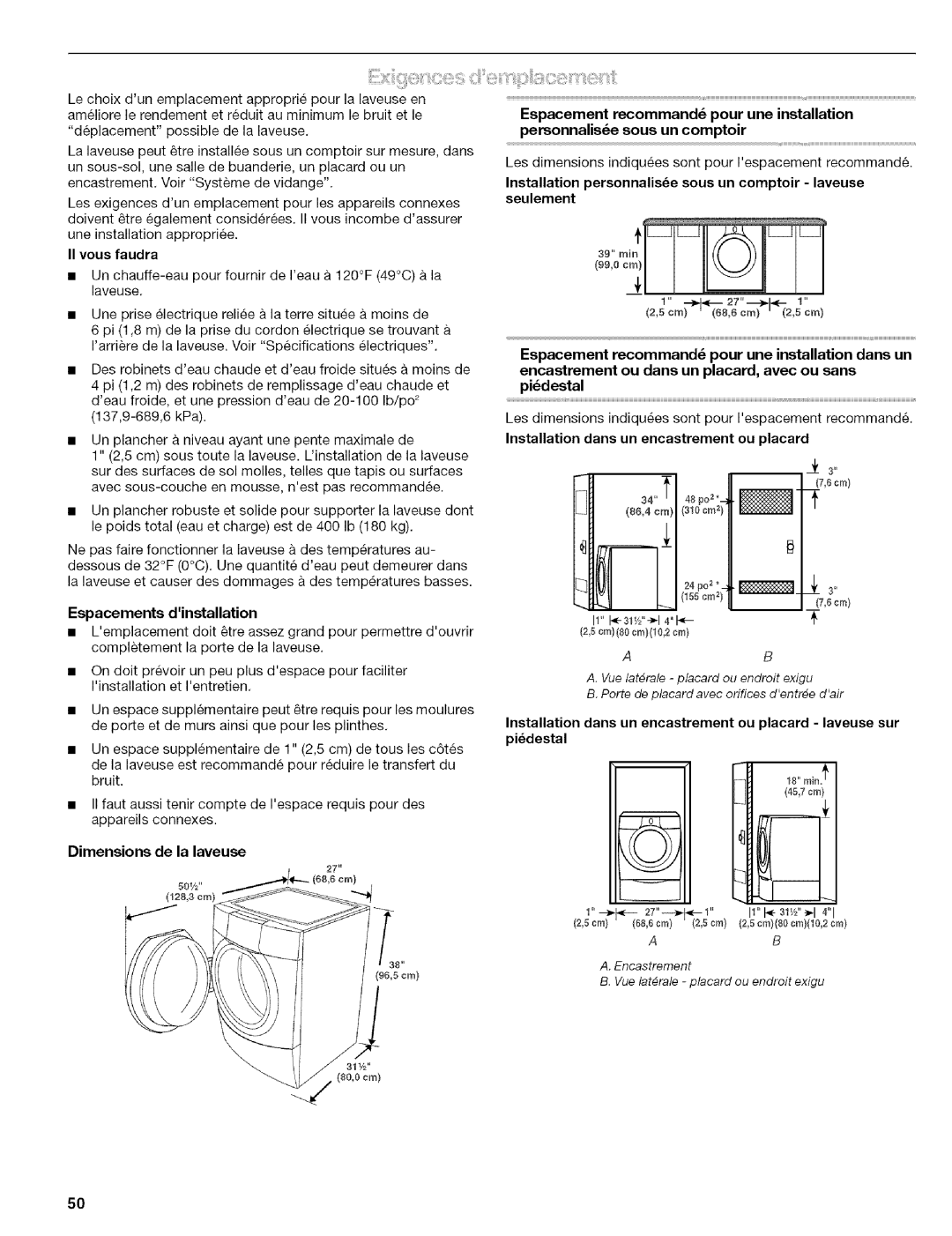 Kenmore 110.4587 manual Dimensions de la laveuse, Installation dans un encastrement ou placard, Espacements dinstallation 