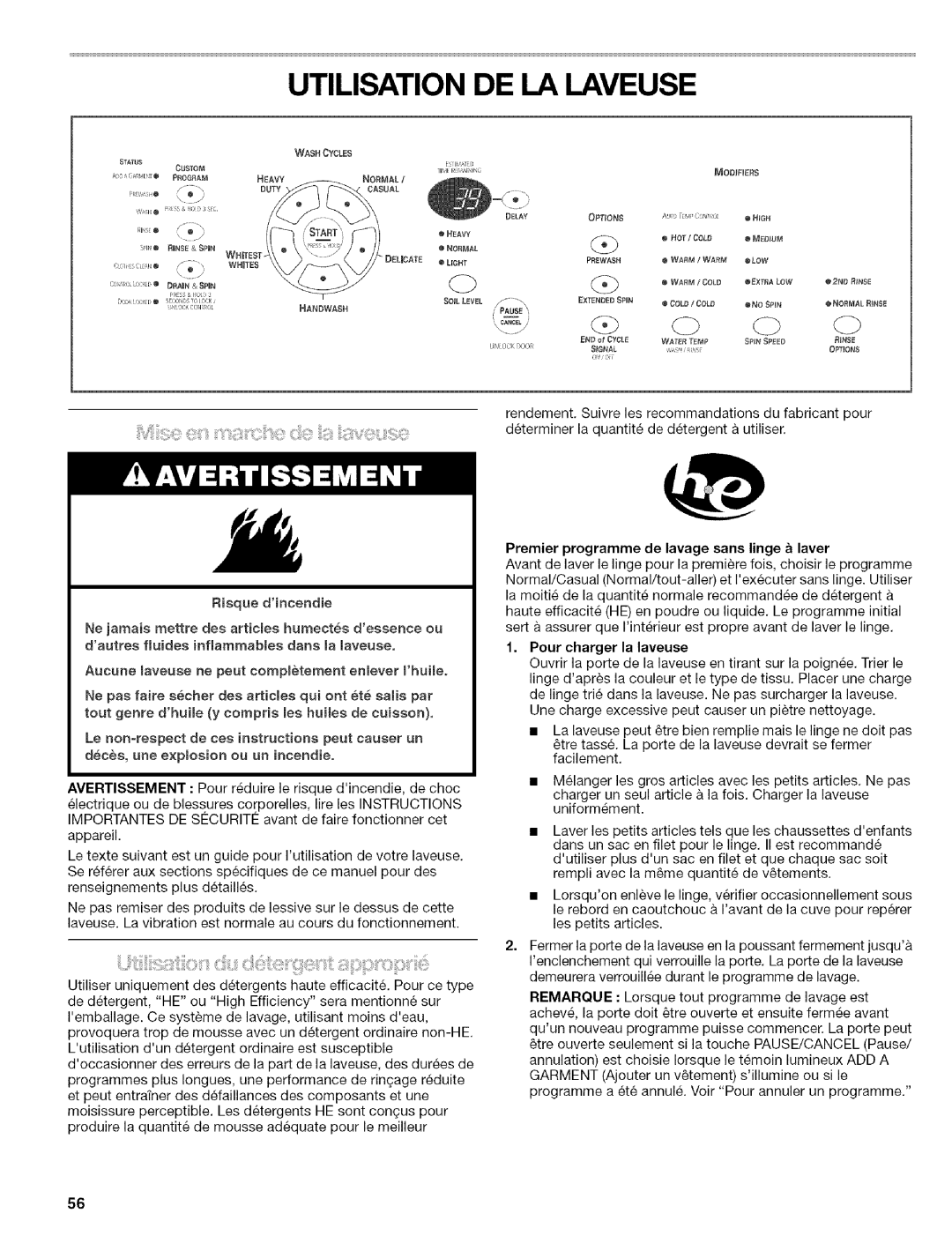 Kenmore 110.4587, 110.4586 manual Utilisation DE LA Laveuse, Premier programme de lavage sans linge a laver 