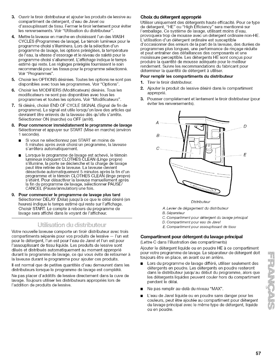 Kenmore 110.4586, 110.4587 manual Choix du dtergent appropri6, Compartiment pour dtergent du lavage principal 