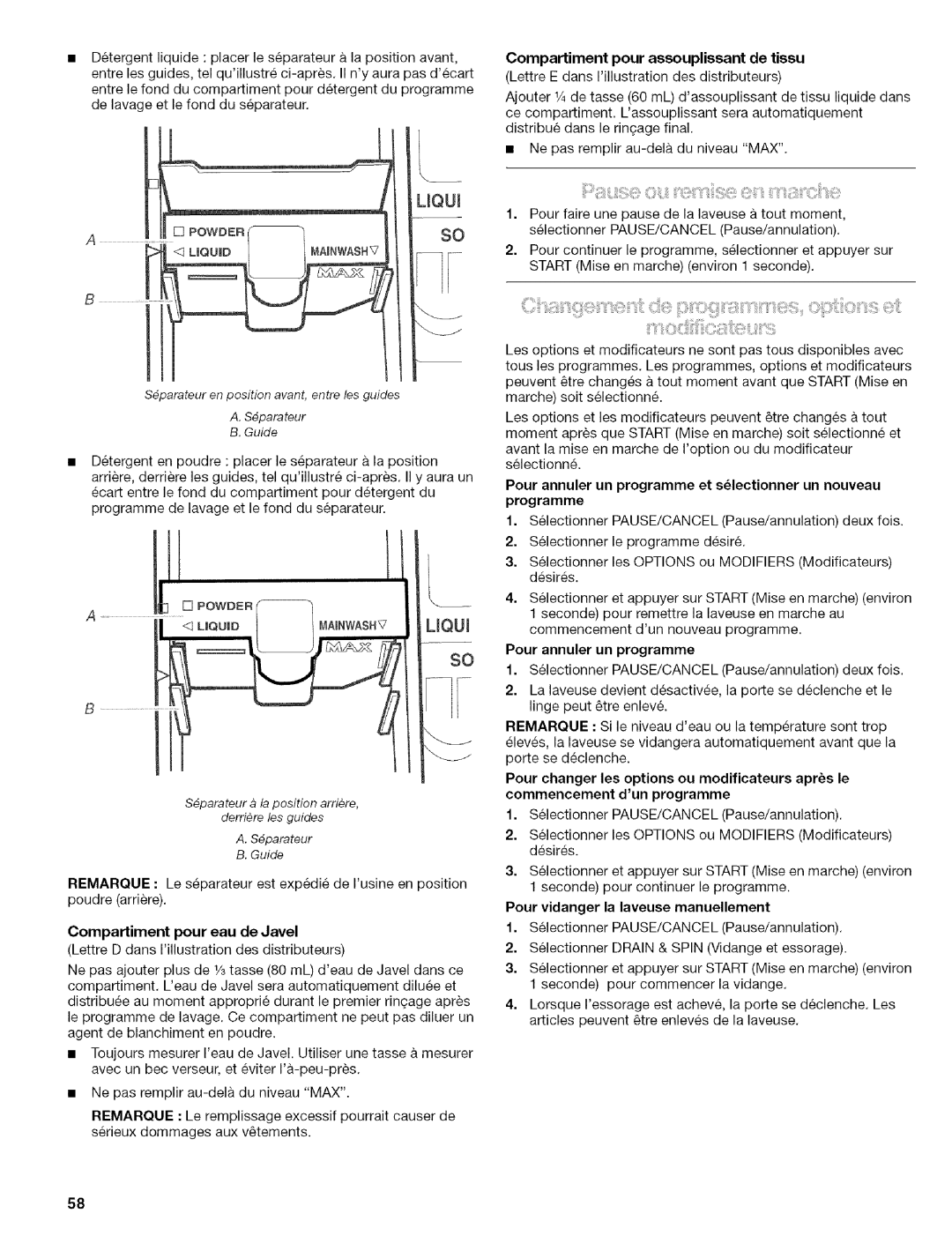 Kenmore 110.4587, 110.4586 manual Compartiment pour eau de Javel, Pour vidanger la laveuse manuellement 