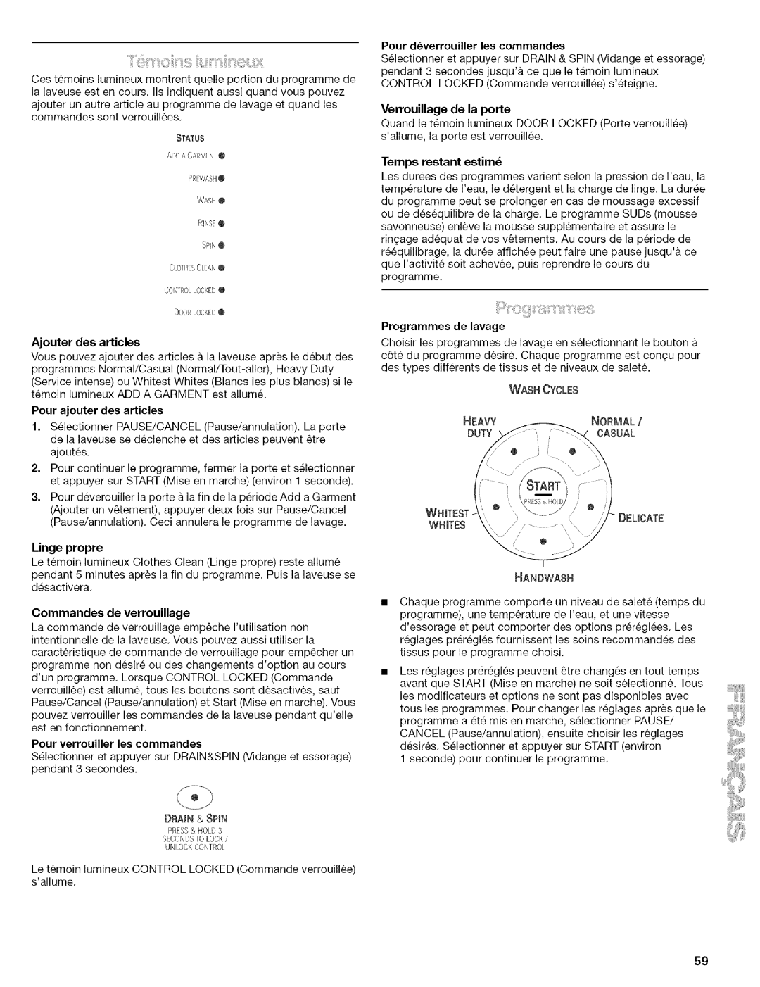 Kenmore 110.4586 manual Pour ajouter des articles, Linge propre, Commandes de verrouillage, Pour verrouiller les commandes 