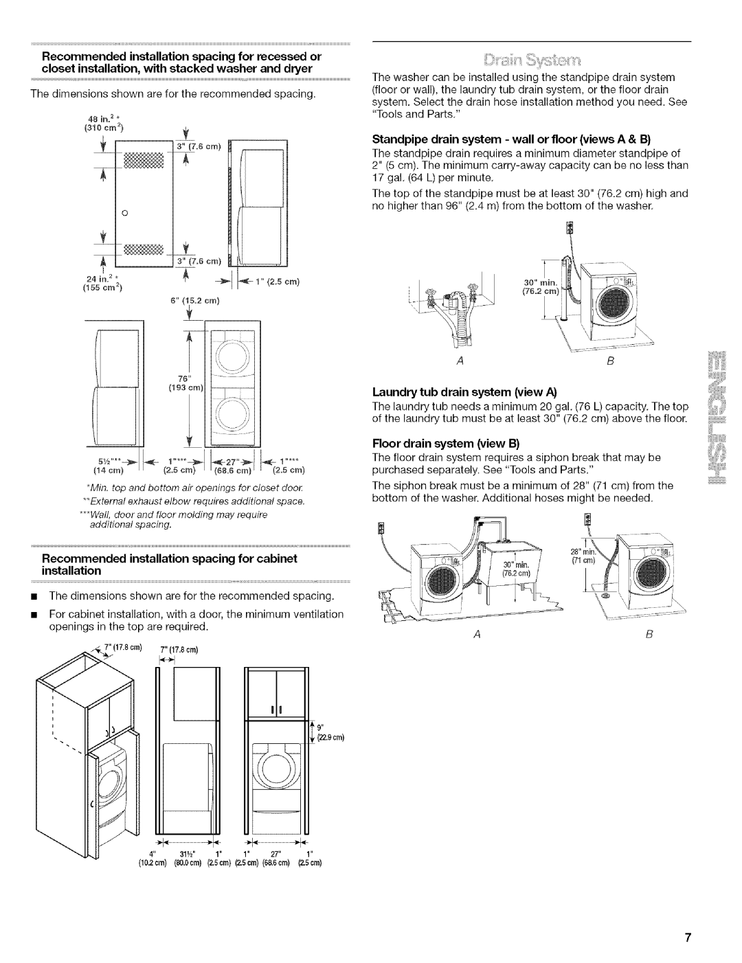 Kenmore 110.4586 manual 155 cm2, Recommended installation spacing for cabinet installation, Laundry tub drain system view a 