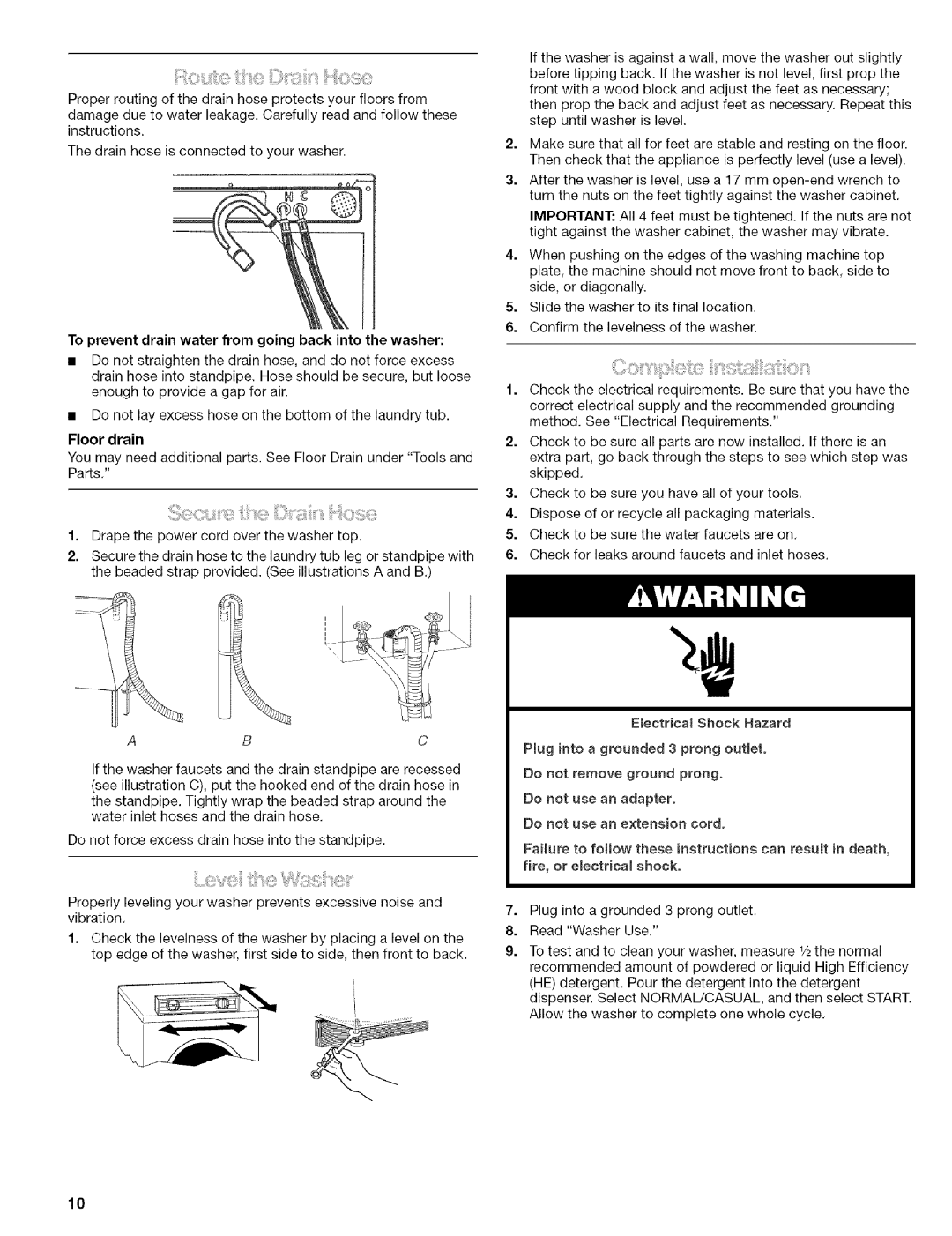 Kenmore 110.4596, 110.4597 manual To prevent drain water from going back into the washer, Floor drain 