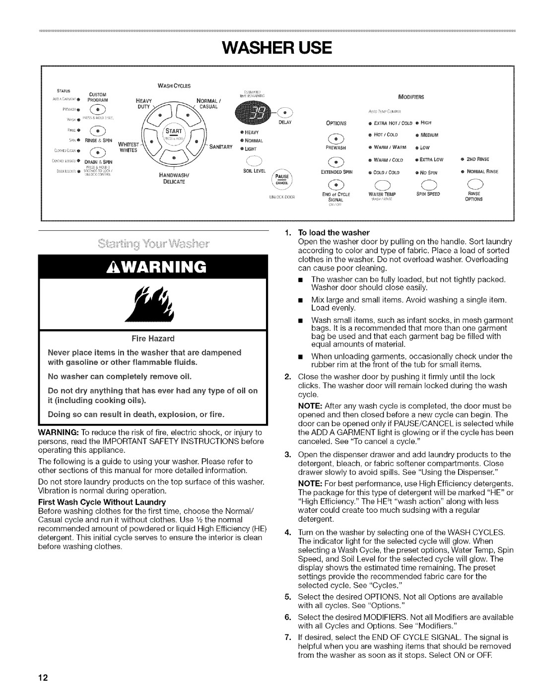 Kenmore 110.4596, 110.4597 manual Washer USE, Normal Modifiers Casual Delay 