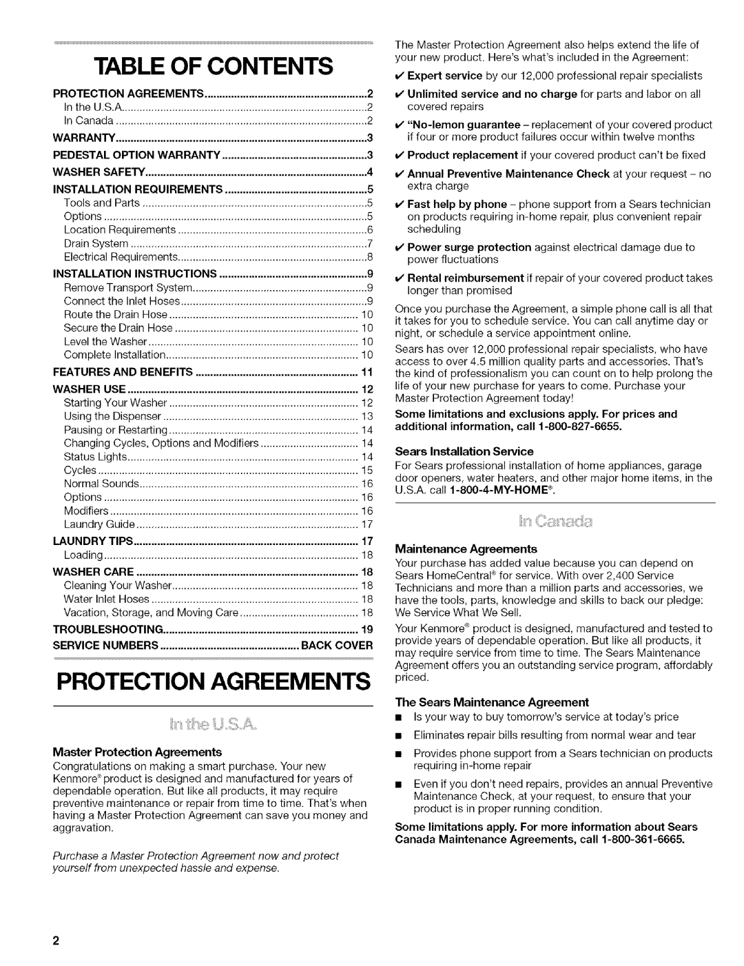 Kenmore 110.4596, 110.4597 manual Table of Contents, Protection Agreements 