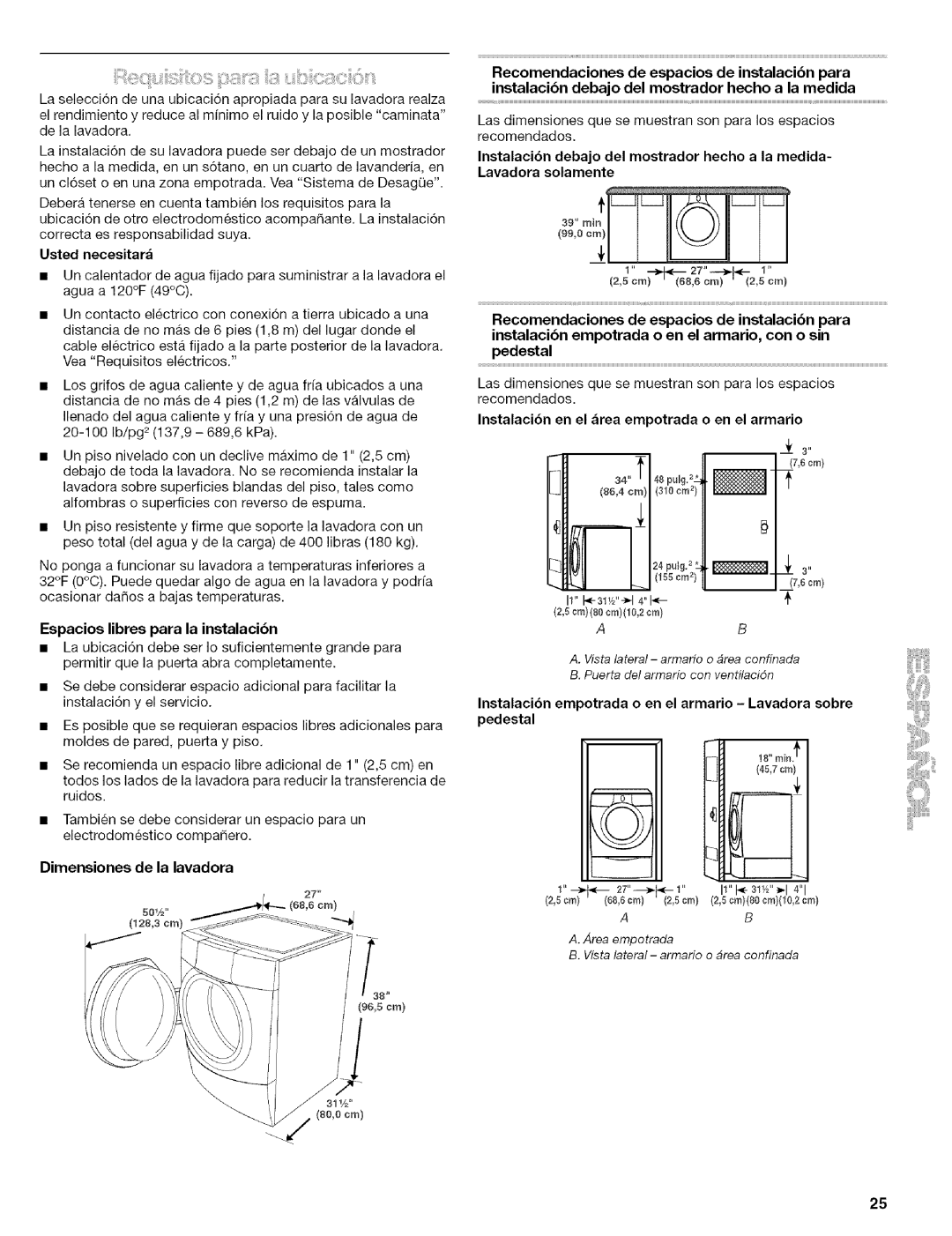 Kenmore 110.4597, 110.4596 manual Dimensiones de la lavadora, Usted necesitara, Espacios libres para la instalacibn 