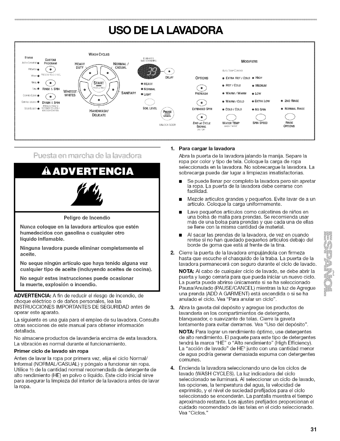 Kenmore 110.4597, 110.4596 manual USO DE LA Lavadora, Primer eiclo de lavado sin ropa 