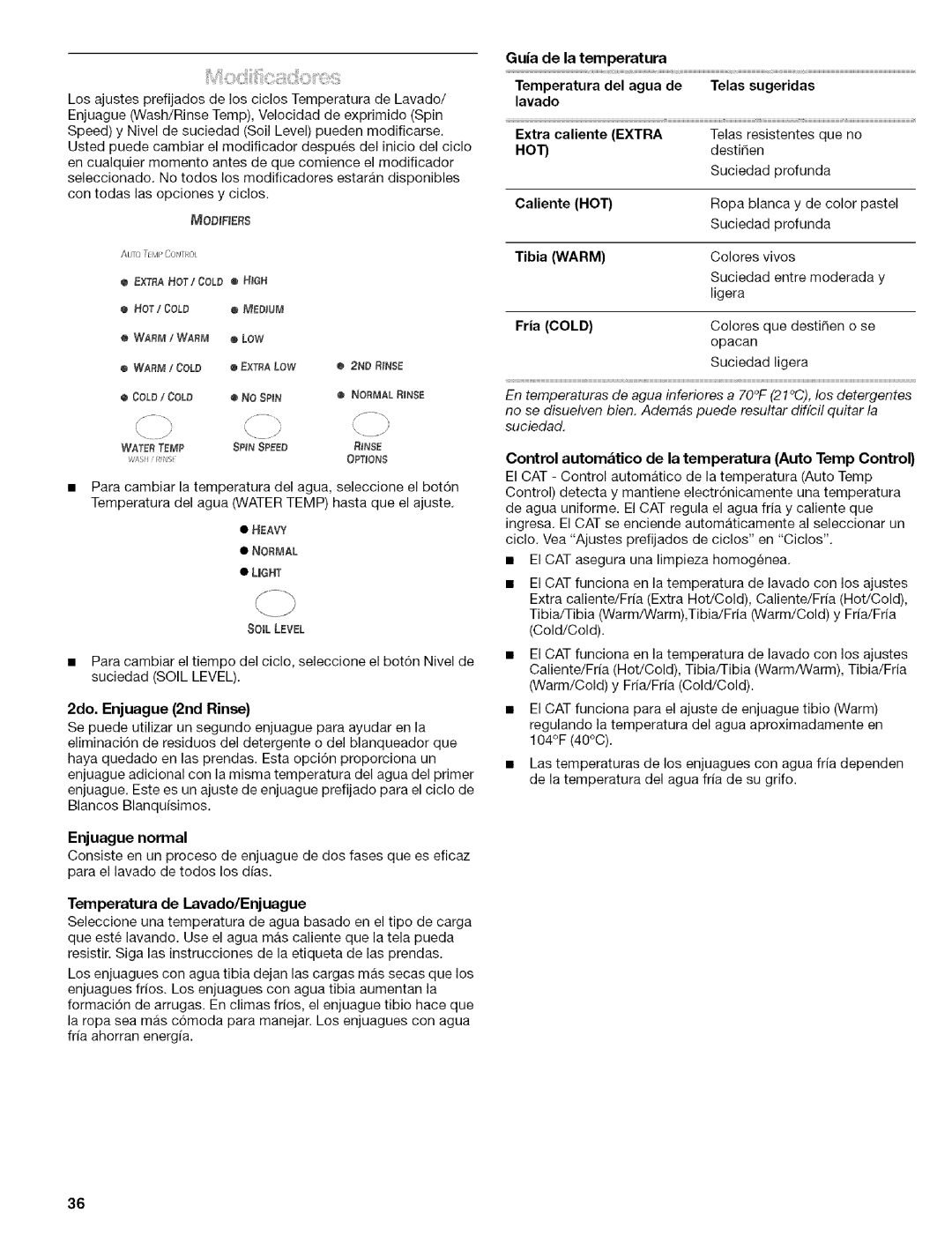 Kenmore 110.4596, 110.4597 manual 2do. Enjuague 2nd Rinse, Enjuague normal, Temperatura de Lavado/Enjuague, Warm 