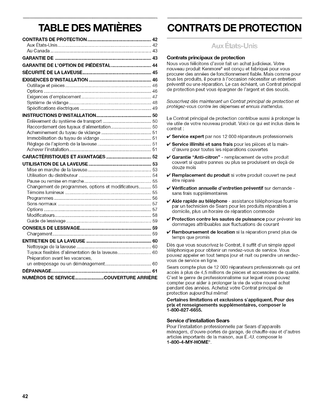 Kenmore 110.4596, 110.4597 manual Table DES MATI#RES, Contrats DE Protection 