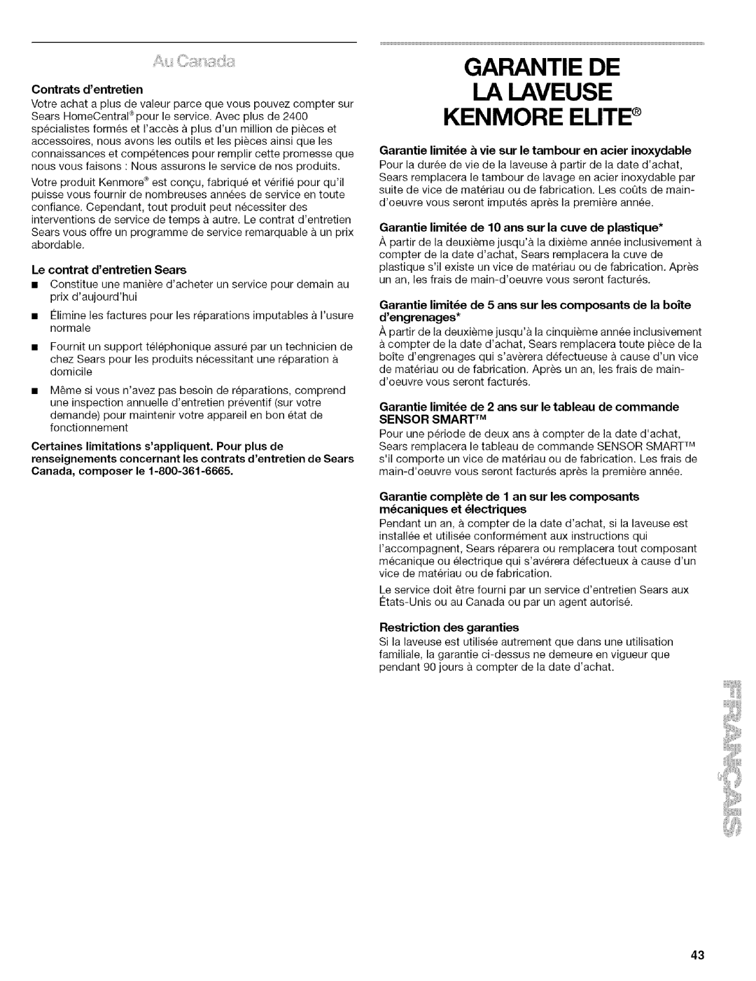 Kenmore 110.4597, 110.4596 manual Garantie DE LA Laveuse Kenmore Elite 