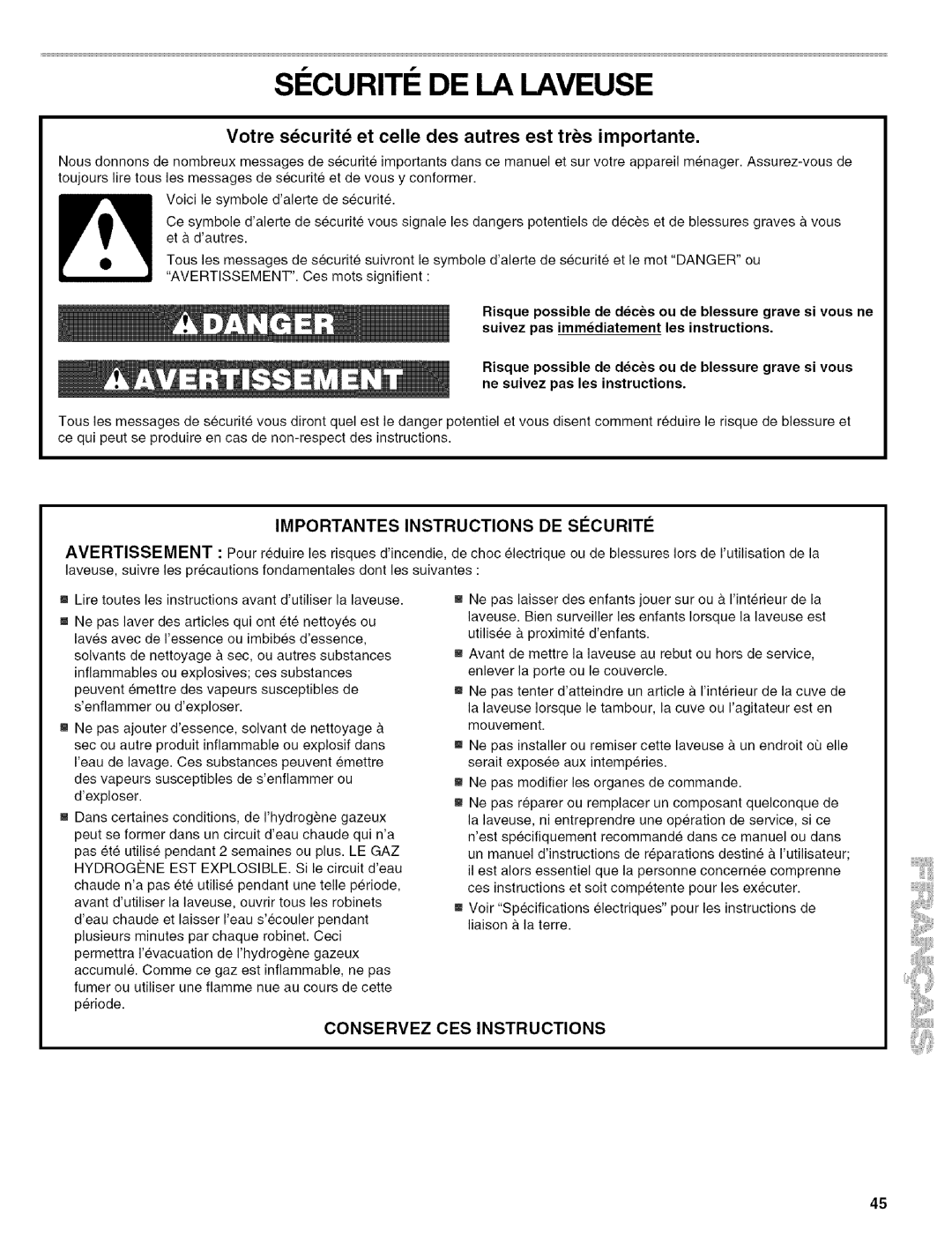 Kenmore 110.4597, 110.4596 manual SI Curiti DE LA Laveuse, Avertissement 