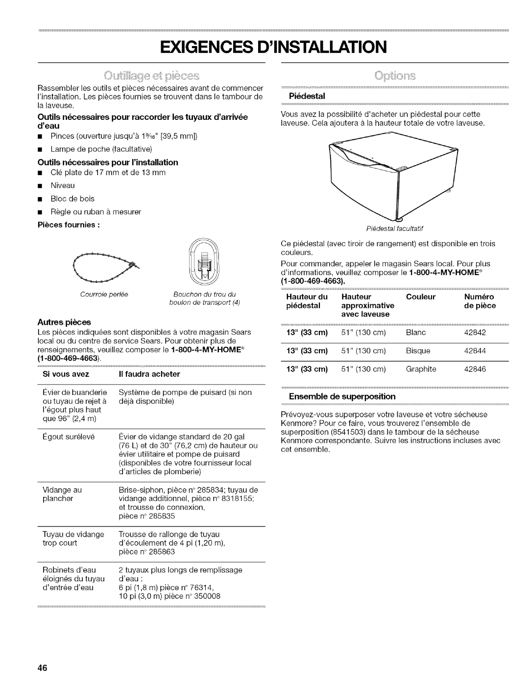 Kenmore 110.4596, 110.4597 manual Exigences Dinstallation 