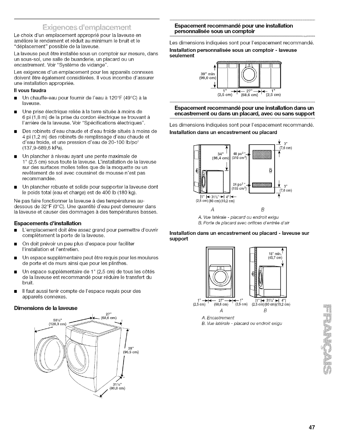 Kenmore 110.4597, 110.4596 manual II vous faudra, Espacements dinstallation, Dimensions de la laveuse 