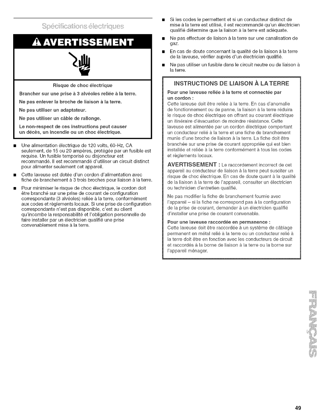 Kenmore 110.4597, 110.4596 manual Instructions DE Liaison , LA Terre 