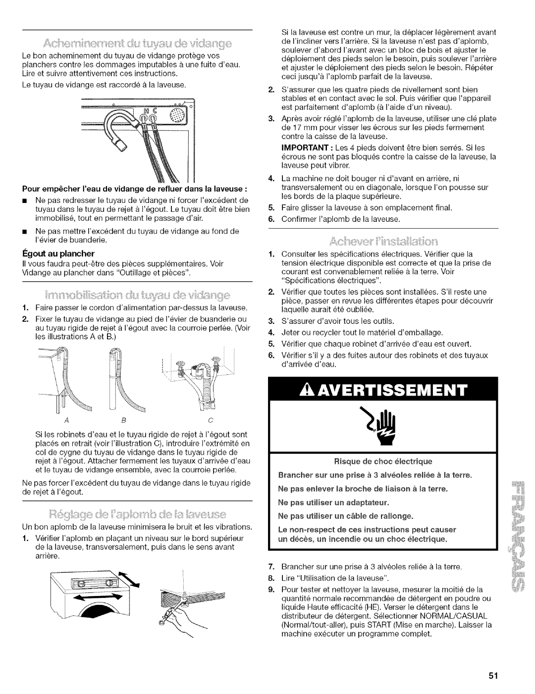 Kenmore 110.4597, 110.4596 manual Pour empcher reau de vidange de refluer dans la laveuse, Igout au plancher 