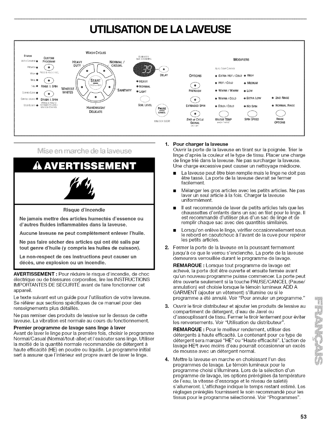 Kenmore 110.4597, 110.4596 manual Utilisation DE LA Laveuse, Dutyiutcasual 