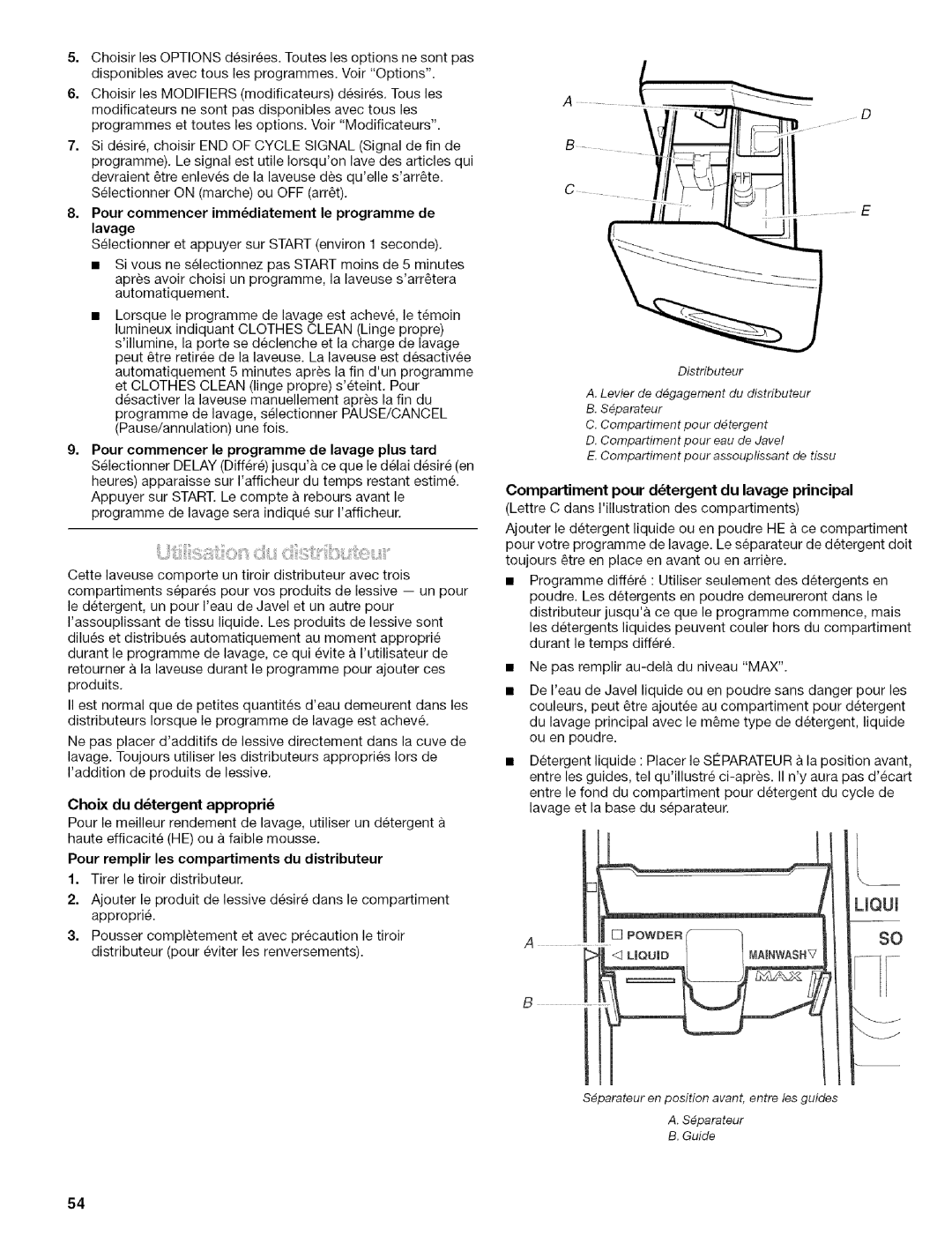 Kenmore 110.4596, 110.4597 manual Pour commencer immdiatement le programme de lavage, Choix du dtergent appropri 