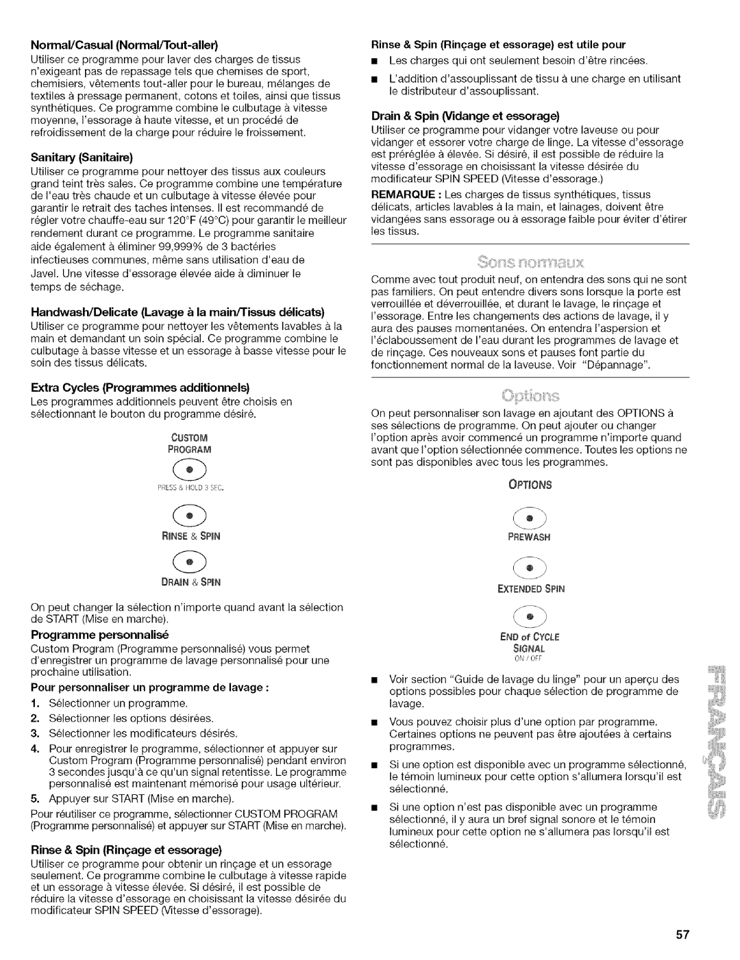 Kenmore 110.4597, 110.4596 manual Normal/Casual Normal/Tout-aller, Sanitary Sanitaire, Programme personnalis 