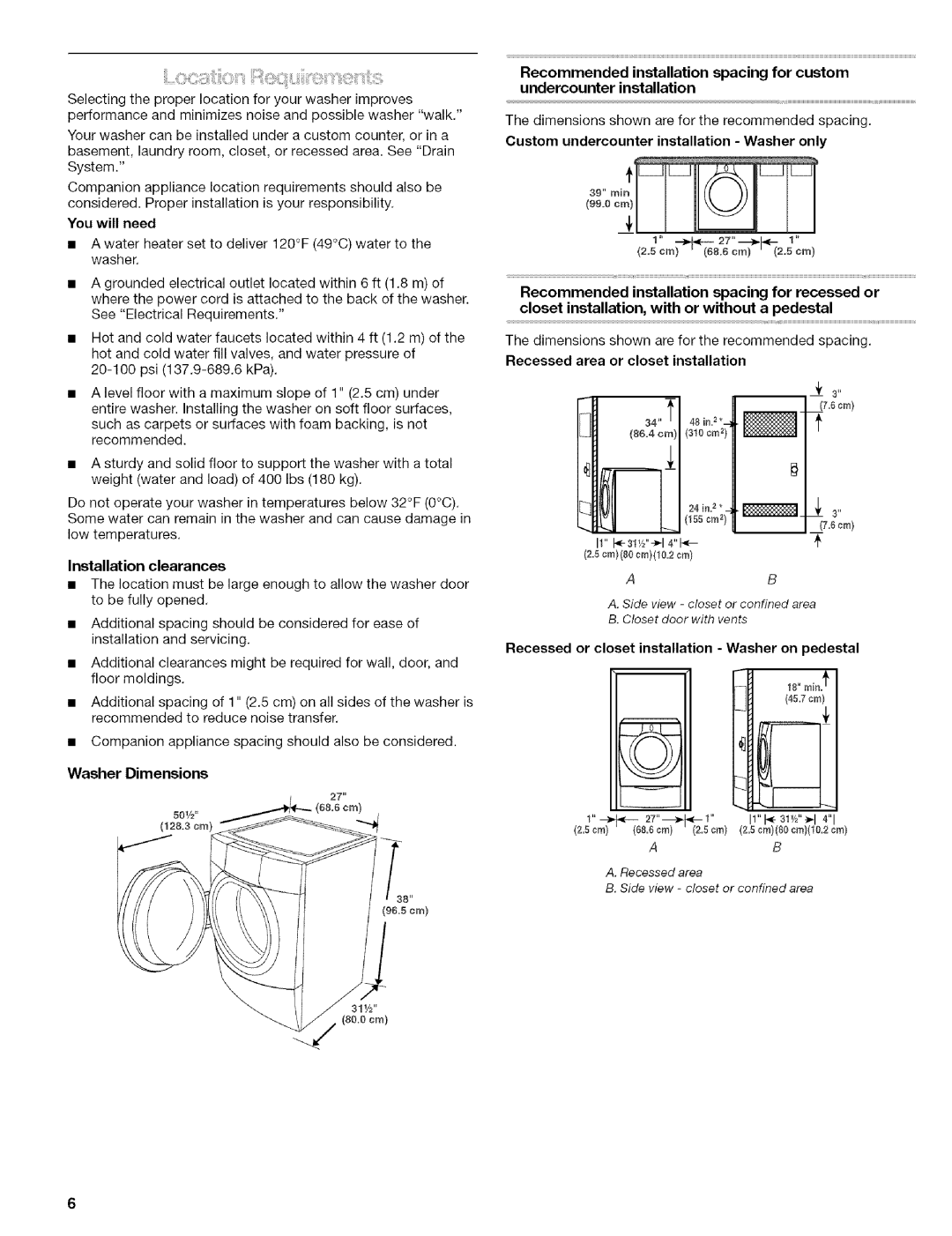 Kenmore 110.4596 You will need, Installation clearances, Washer Dimensions, Custom undercounter installation Washer only 