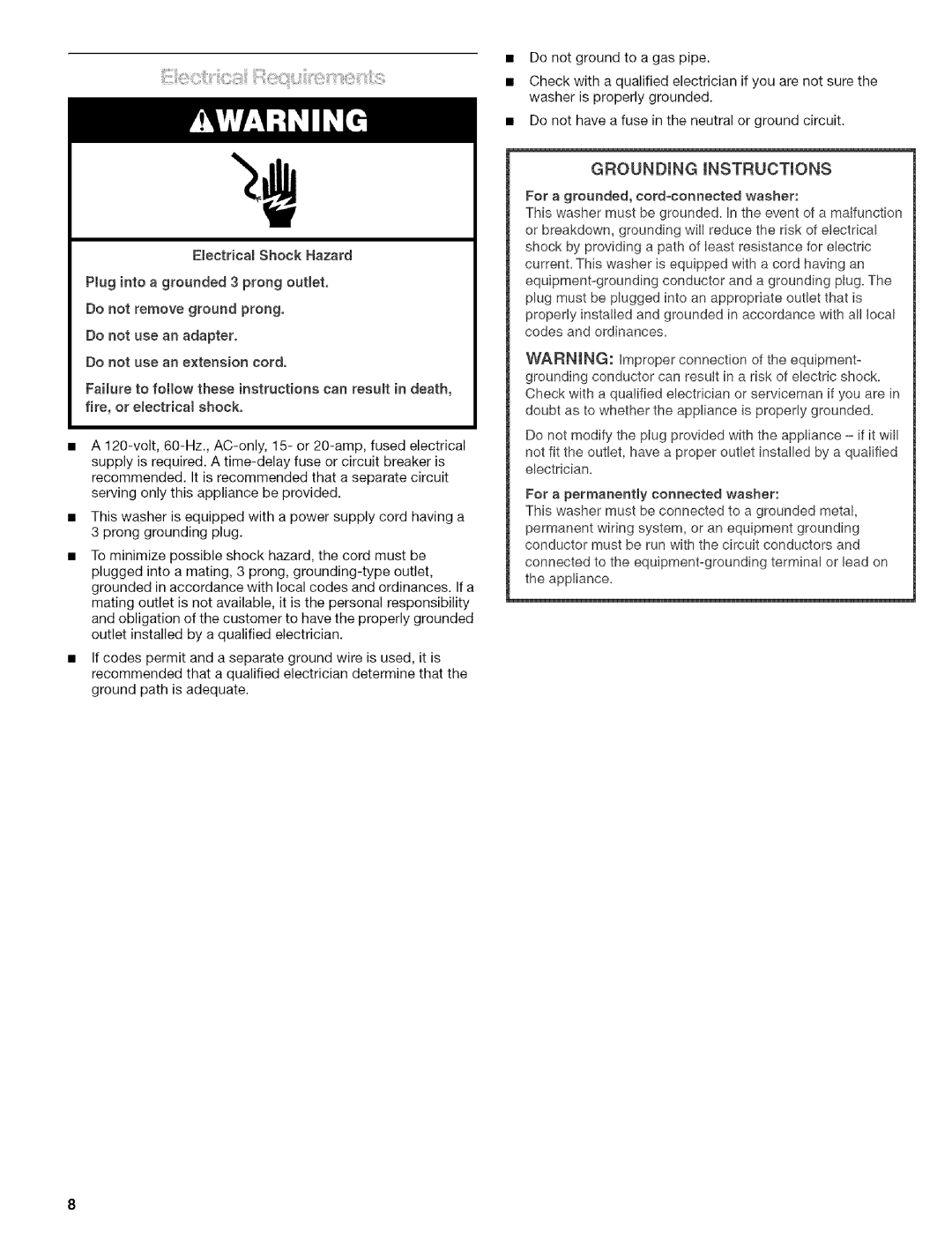 Kenmore 110.4596, 110.4597 manual Grounding Instructions 