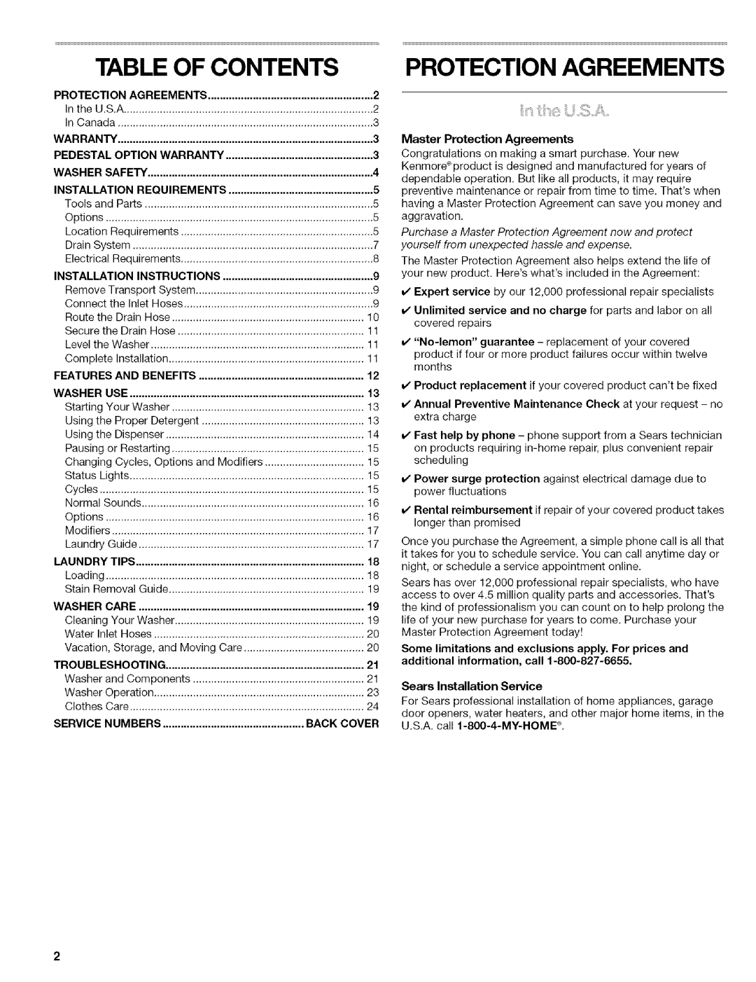 Kenmore 110.4647, 110.4646 manual Table of Contents, Protection Agreements 