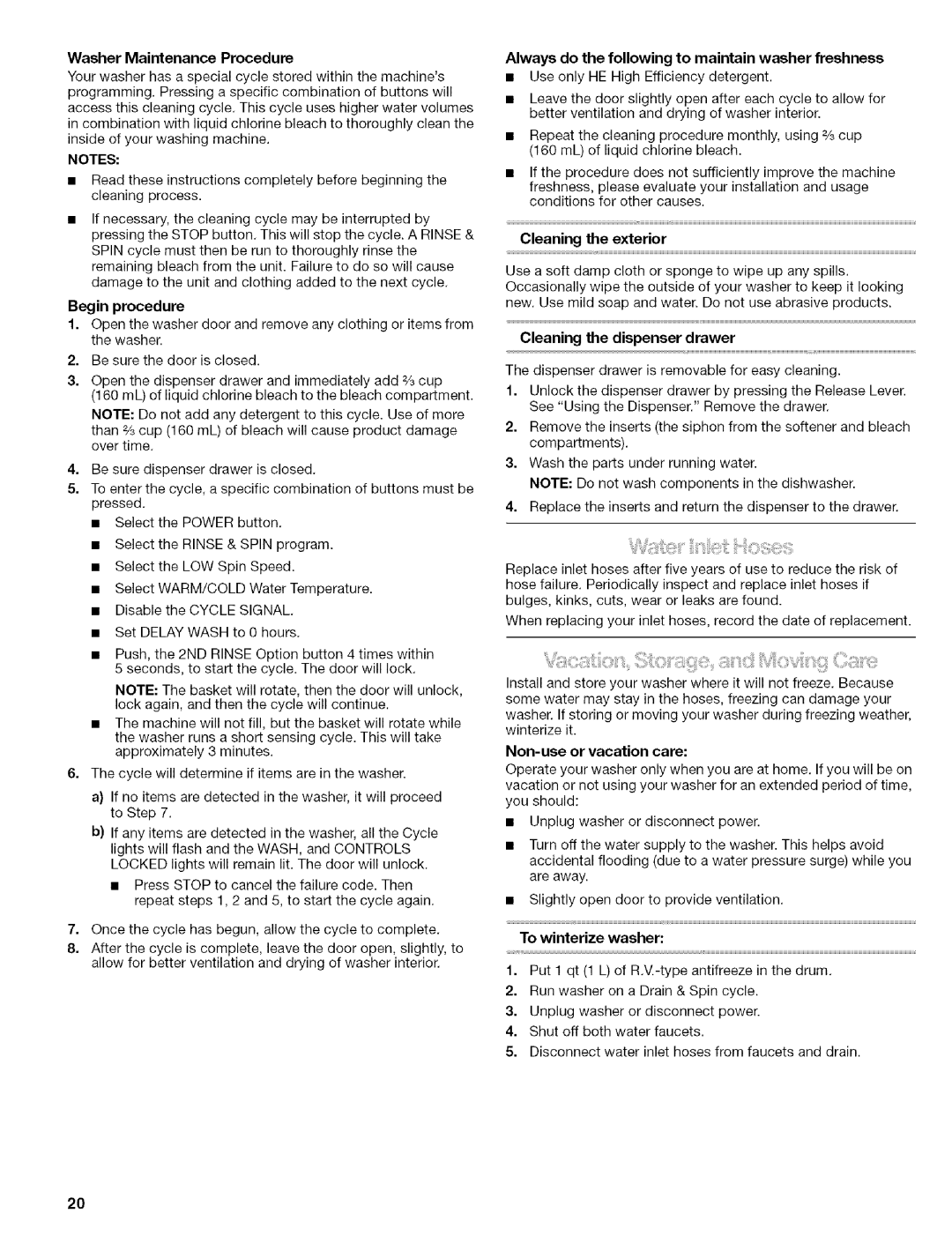 Kenmore 110.4647 manual Washer Maintenance Procedure, Begin procedure, Always do the following to maintain washer freshness 