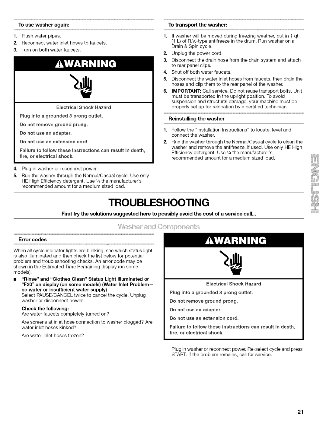 Kenmore 110.4646 manual Troubleshooting, To use washer again, To transport the washer, Reinstalling the washer, Error codes 