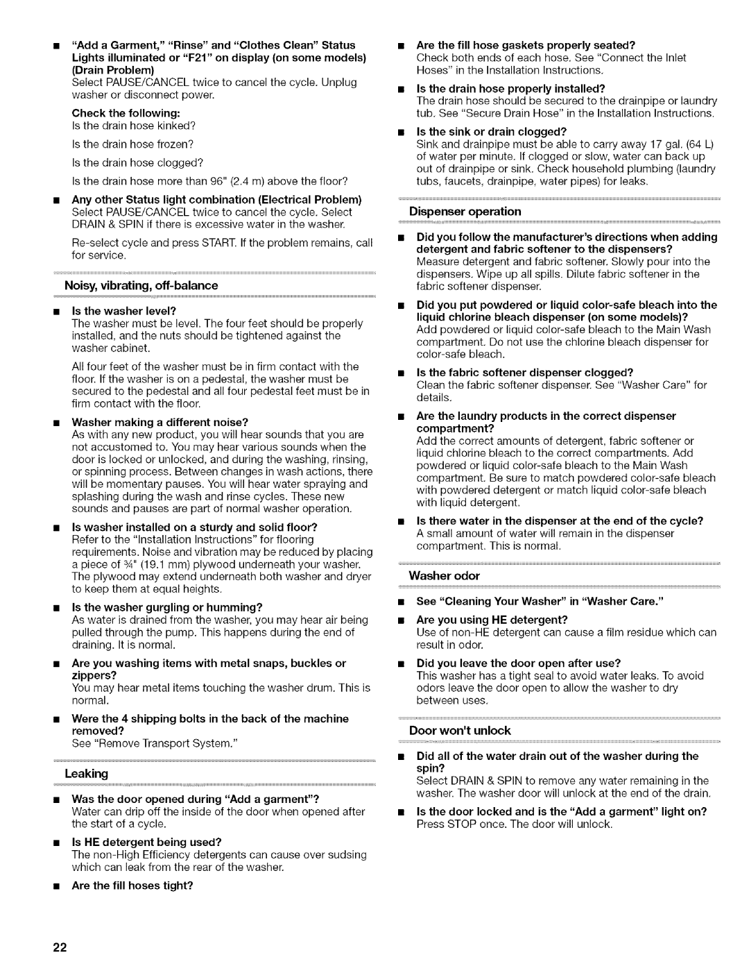 Kenmore 110.4647, 110.4646 manual Washer odor 