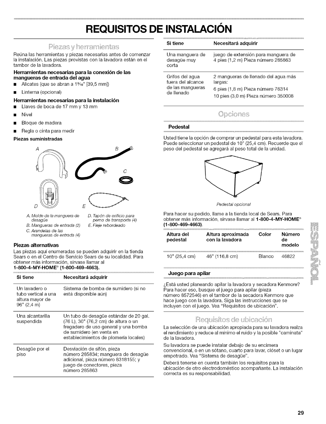 Kenmore 110.4646, 110.4647 manual Requisitos DE Instalacion 