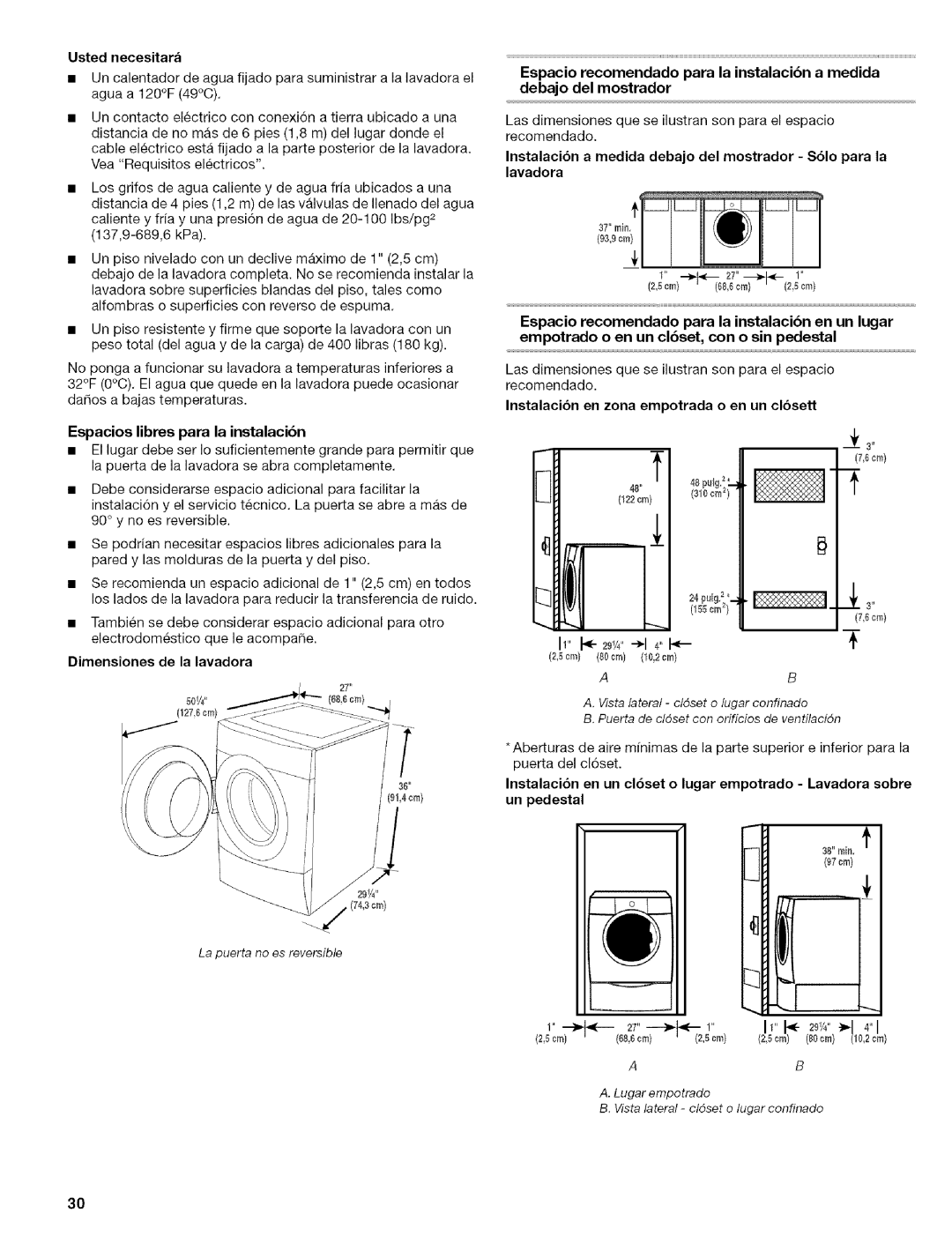 Kenmore 110.4647, 110.4646 manual Usted necesitara, Espacios libres para la instalacibn, Dimensiones de la lavadora 