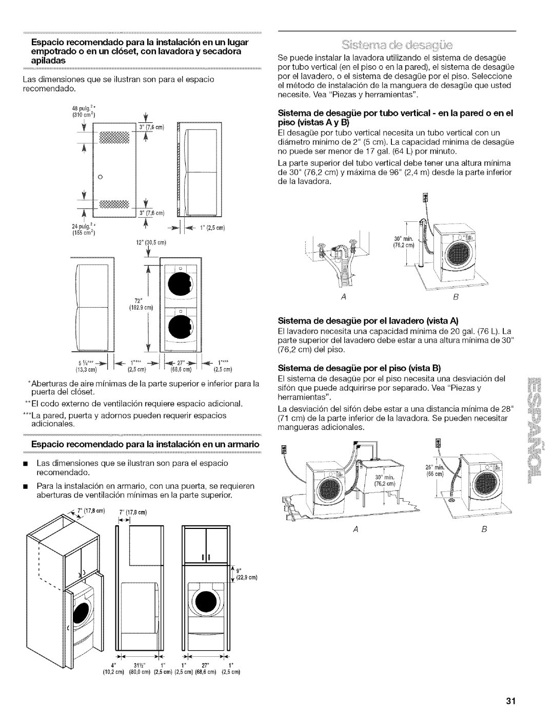 Kenmore 110.4646 manual Espacio recomendado para la instalacibn en un armario, Sistema de desagi.ie por el lavadero vista a 