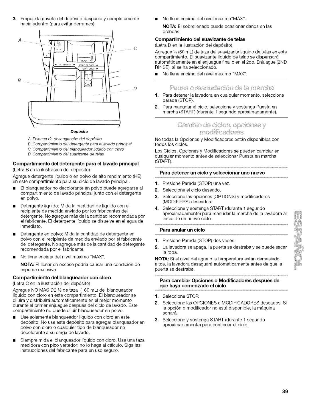 Kenmore 110.4646 manual Compartimiento del detergente para el lavado principal, Compartimiento del blanqueador con cloro 