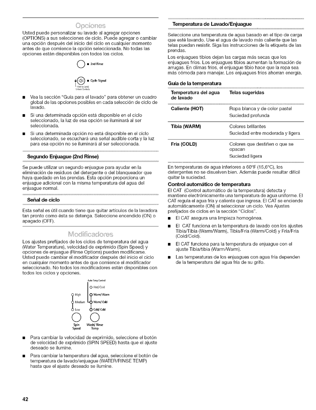 Kenmore 110.4647, 110.4646 manual Segundo Enjuague 2nd Rinse, Temperatura de Lavado/Enjuague, Tibia, Fria 