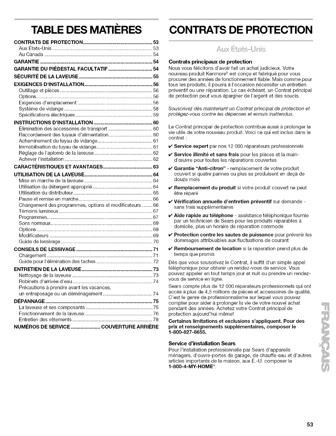 Kenmore 110.4646, 110.4647 manual Table DES MATI#RES, Contrats DE Protection 