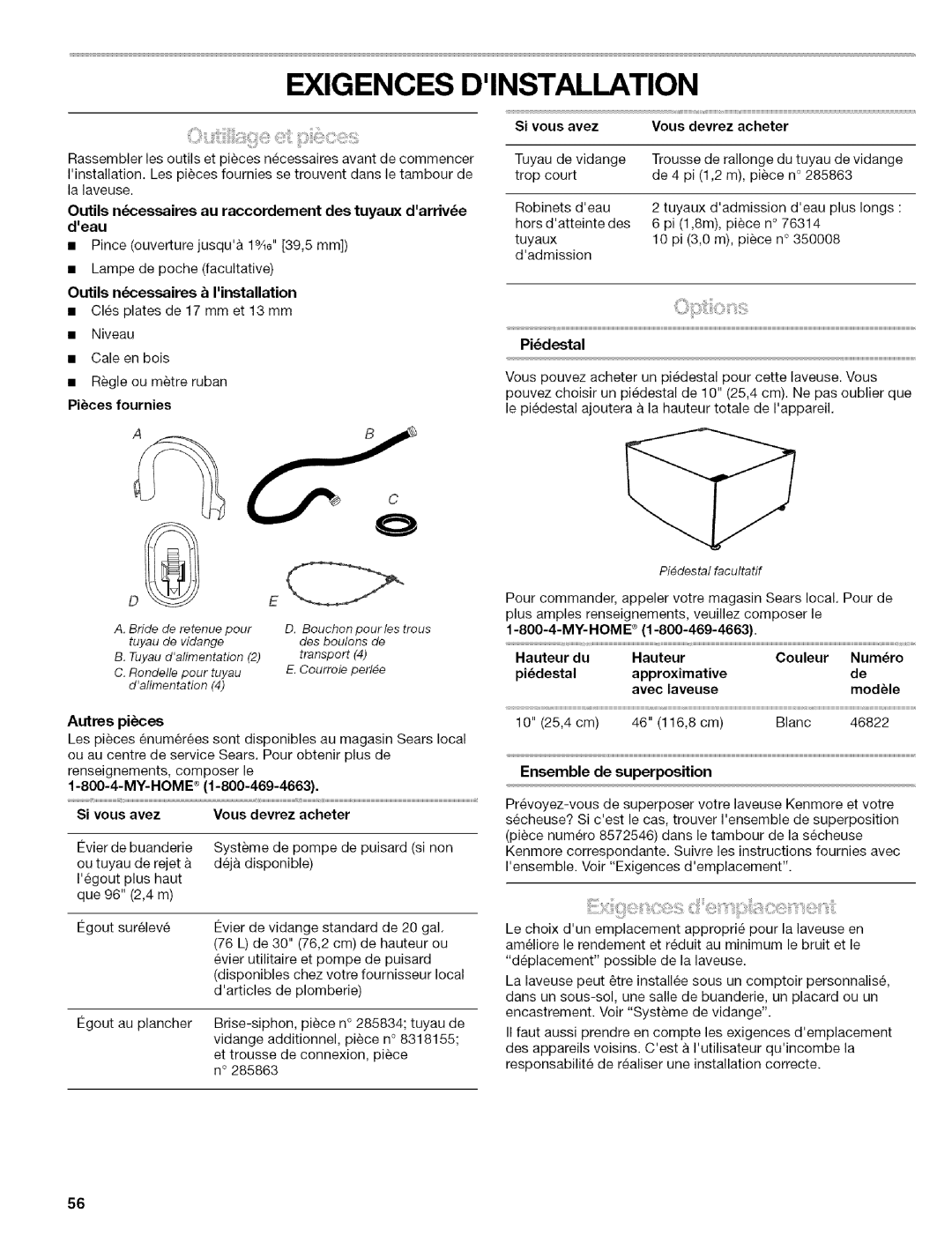 Kenmore 110.4647 Outils ncessaires au raccerdement des tuyaux darrive deau, Outils ncessaires Iinstallation, Pidestal 