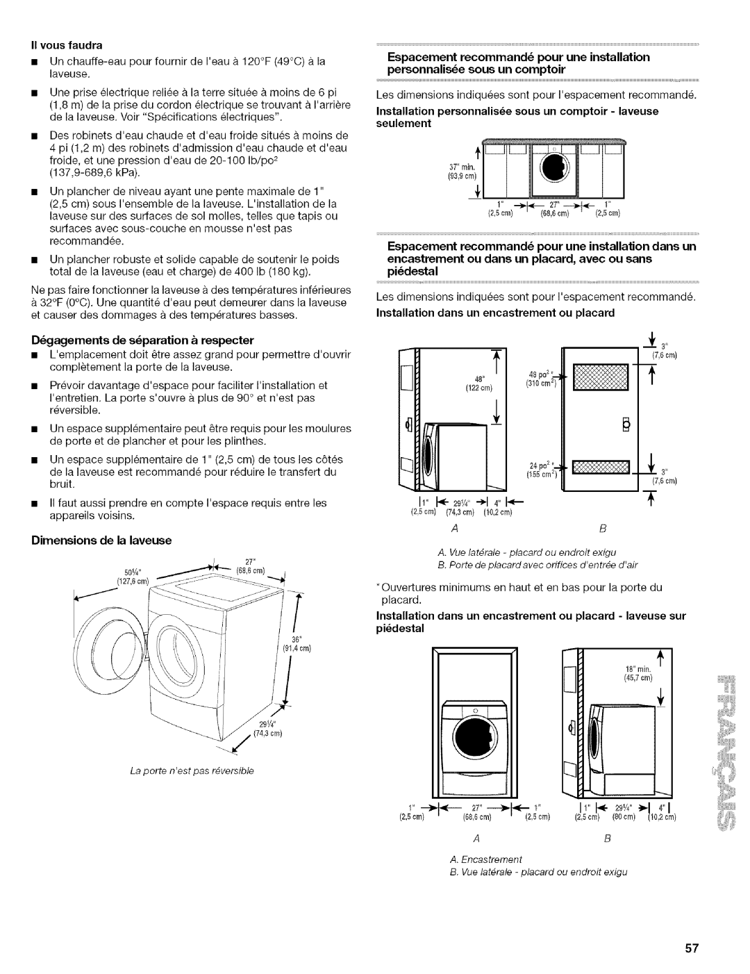 Kenmore 110.4646, 110.4647 manual Dimensions de la laveuse, II vous faudra, Dgagements de sparation a respecter 