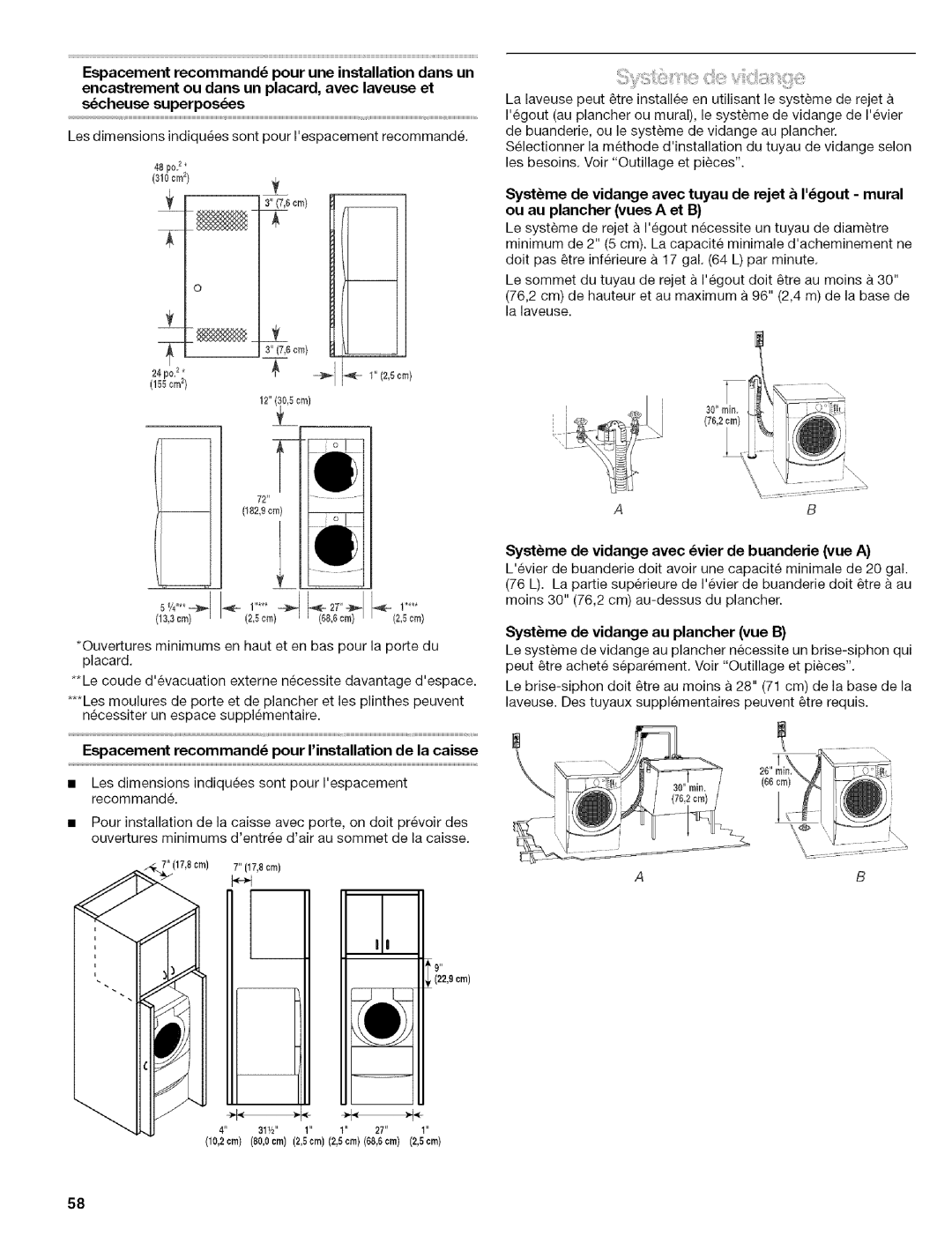 Kenmore 110.4647, 110.4646 manual Espacement recommand pour rinstallation de la caisse 