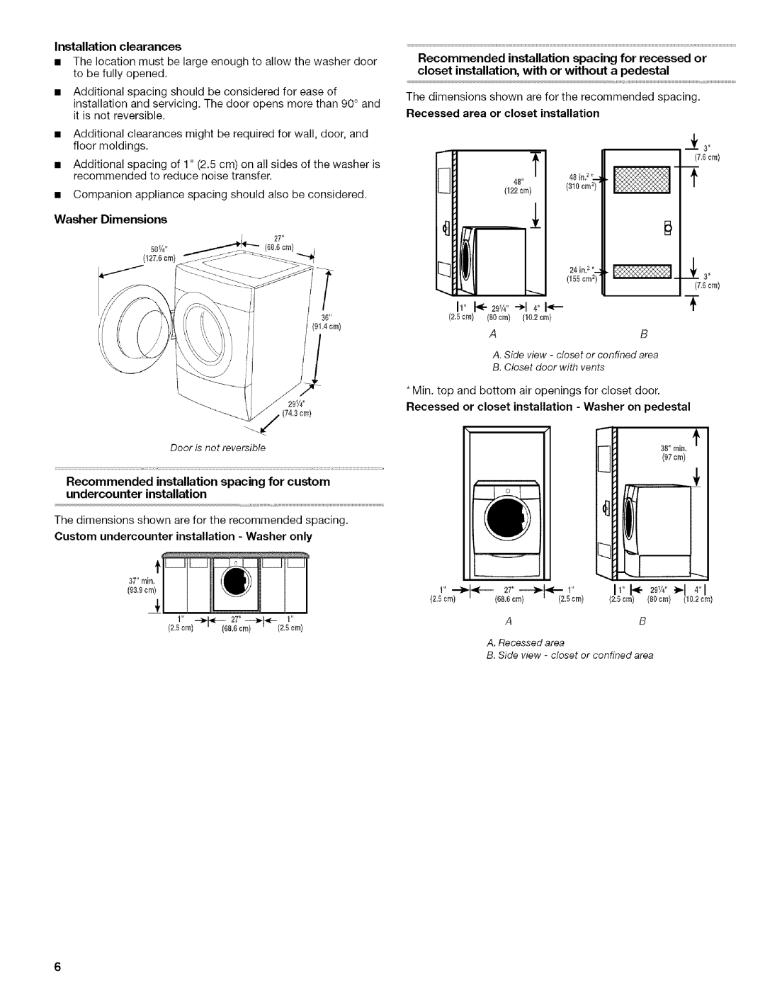 Kenmore 110.4647, 110.4646 manual Washer Dimensions, Installation clearances, Recessed area or closet installation 