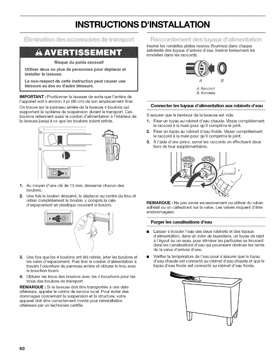 Kenmore 110.4647, 110.4646 manual Instructions Dinstallation, Connecter les tuyaux dalimentation aux robinets deau 