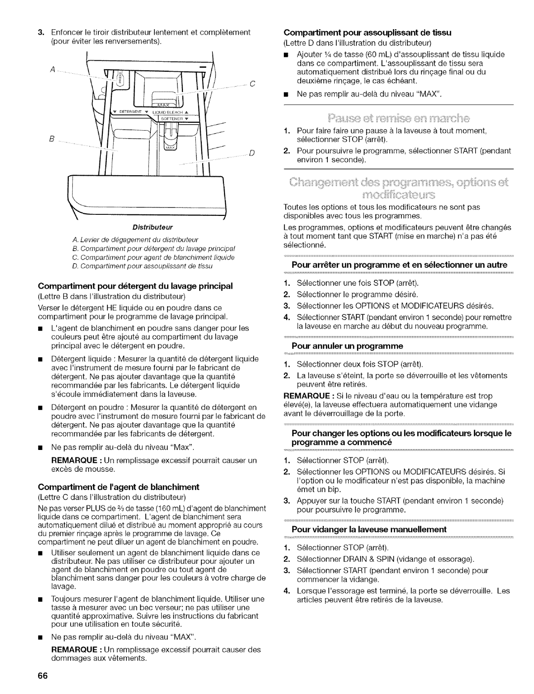 Kenmore 110.4647, 110.4646 manual Compartiment pour assouplissant de tissu, Compartiment pour dtergent du lavage principal 