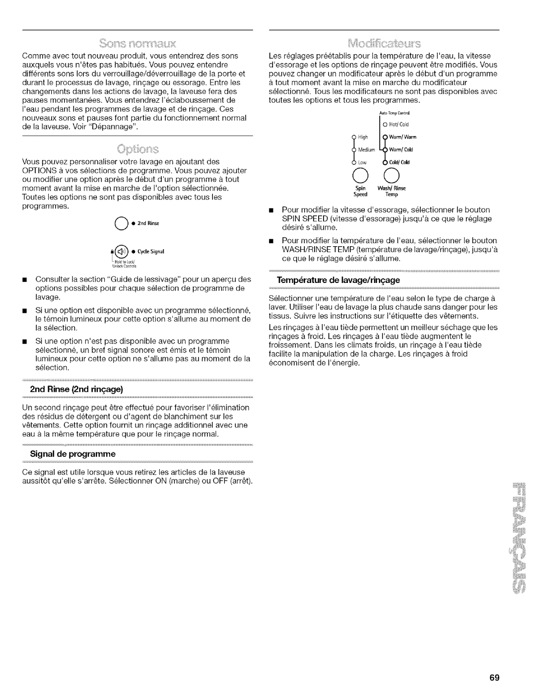 Kenmore 110.4646, 110.4647 manual Signal de programme, 2nd Rinse 2nd rin£age, Temp6rature de lavage/rin£age 