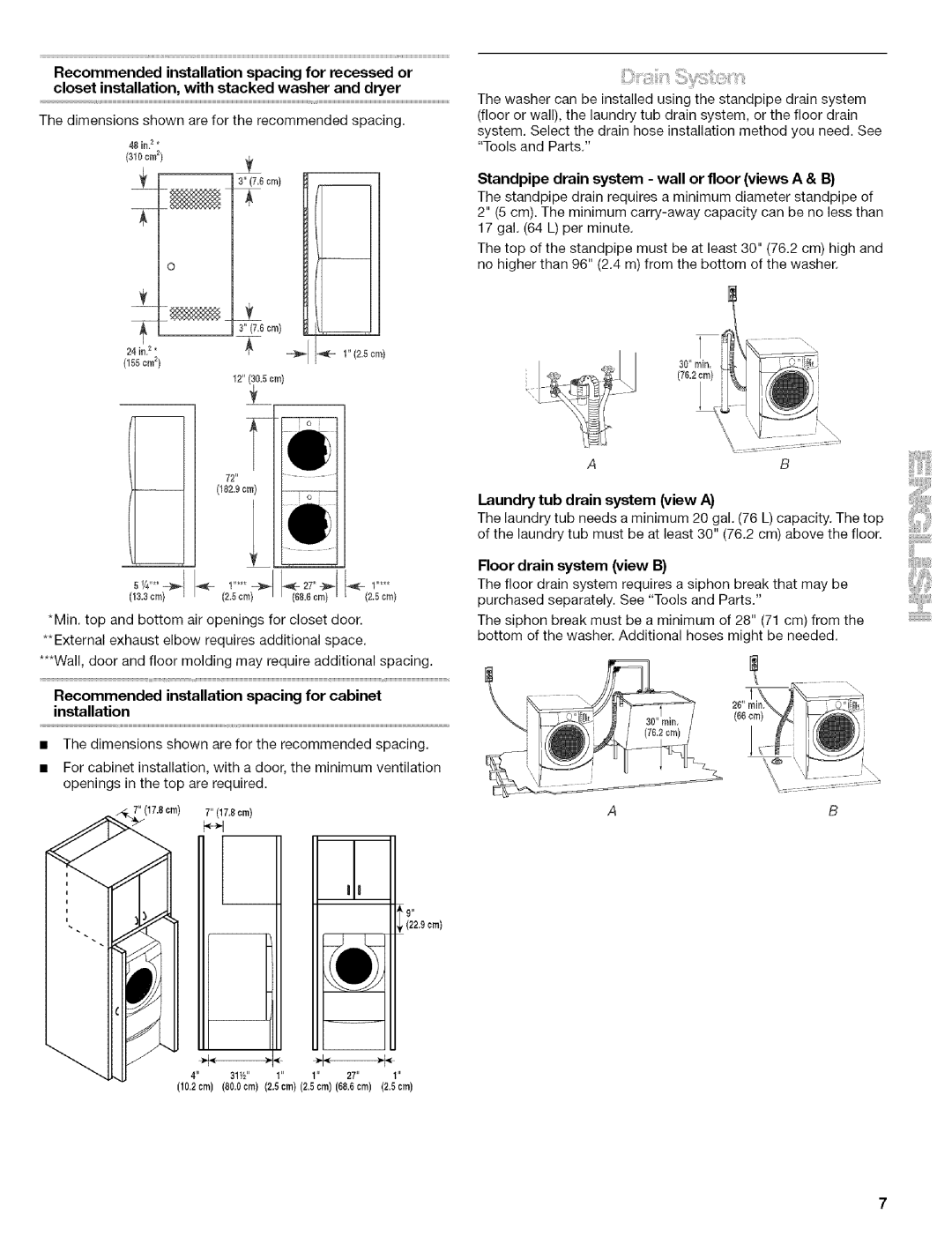 Kenmore 110.4646, 110.4647 manual Standpipe drain system wall or floor views a & B, Laundry tub drain system view a 