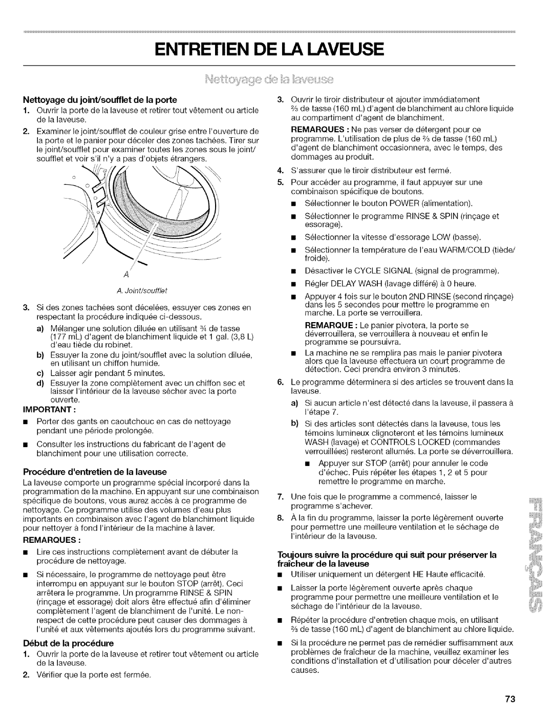 Kenmore 110.4646 Entretien DE LA Laveuse, Nettoyage du joint/soufflet de la porte, Procedure dentretien de la laveuse 