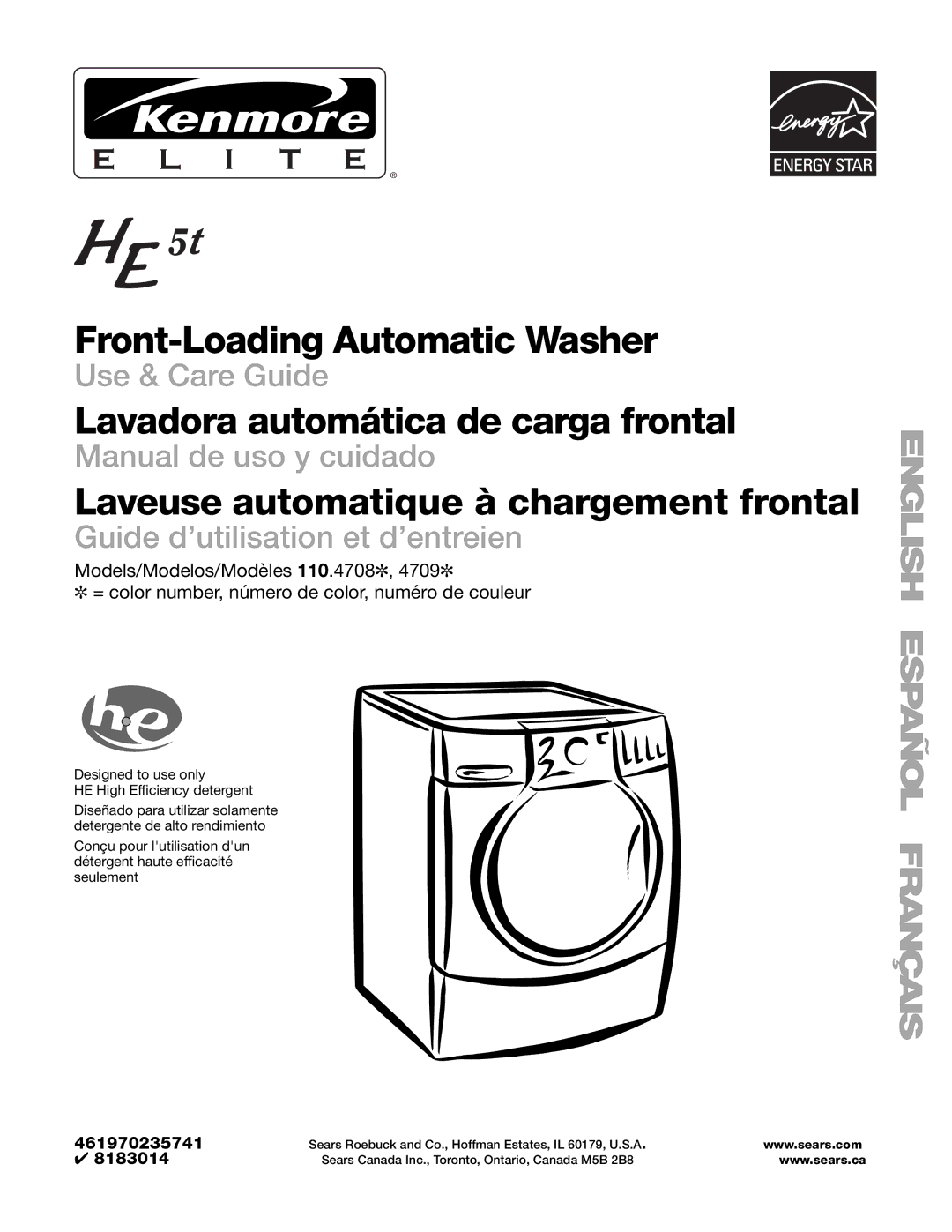 Kenmore 110.4708 manual Laveuse automatique à chargement frontal, Designed to use only HE High Efficiency detergent 