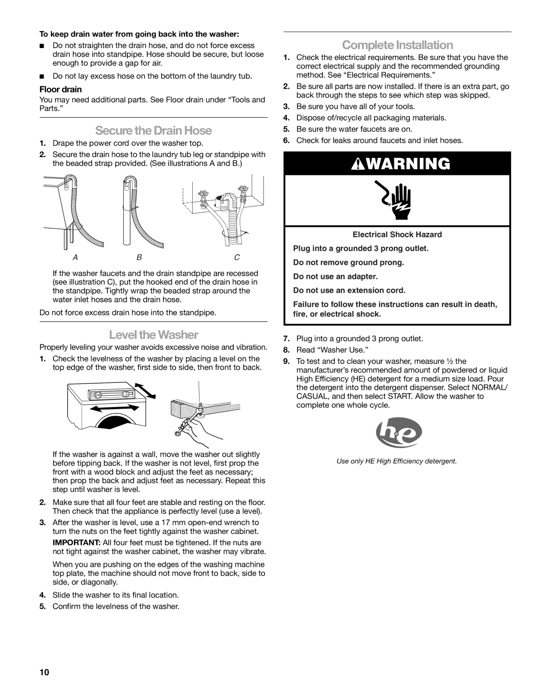 Kenmore 110.4708, 110.4709 manual Secure the Drain Hose, Level the Washer, Complete Installation, Floor drain 